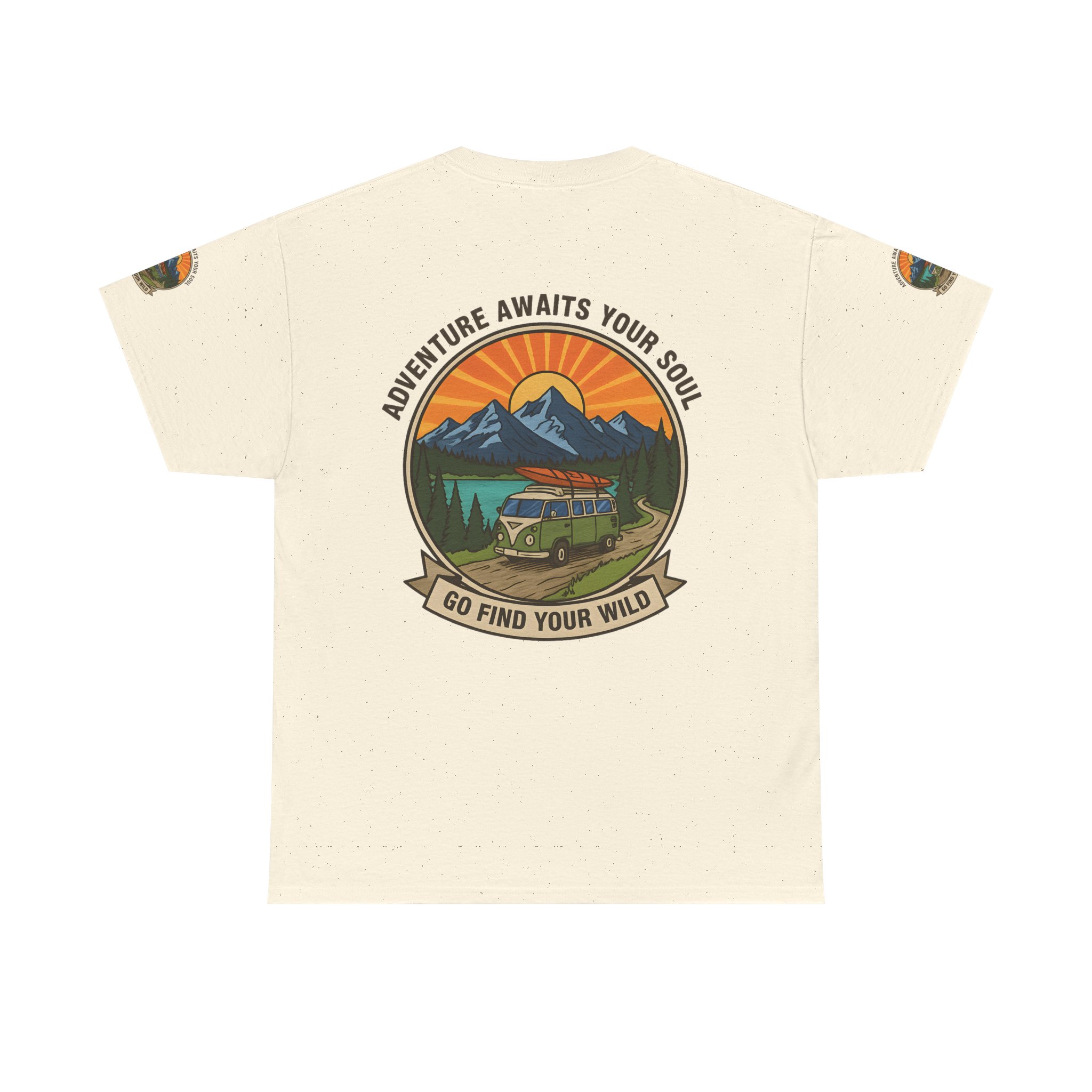 Unisex Heavy Cotton Tee — “Adventure Awaits Your Soul: Go Find Your Wild” Van & Mountain Graphic