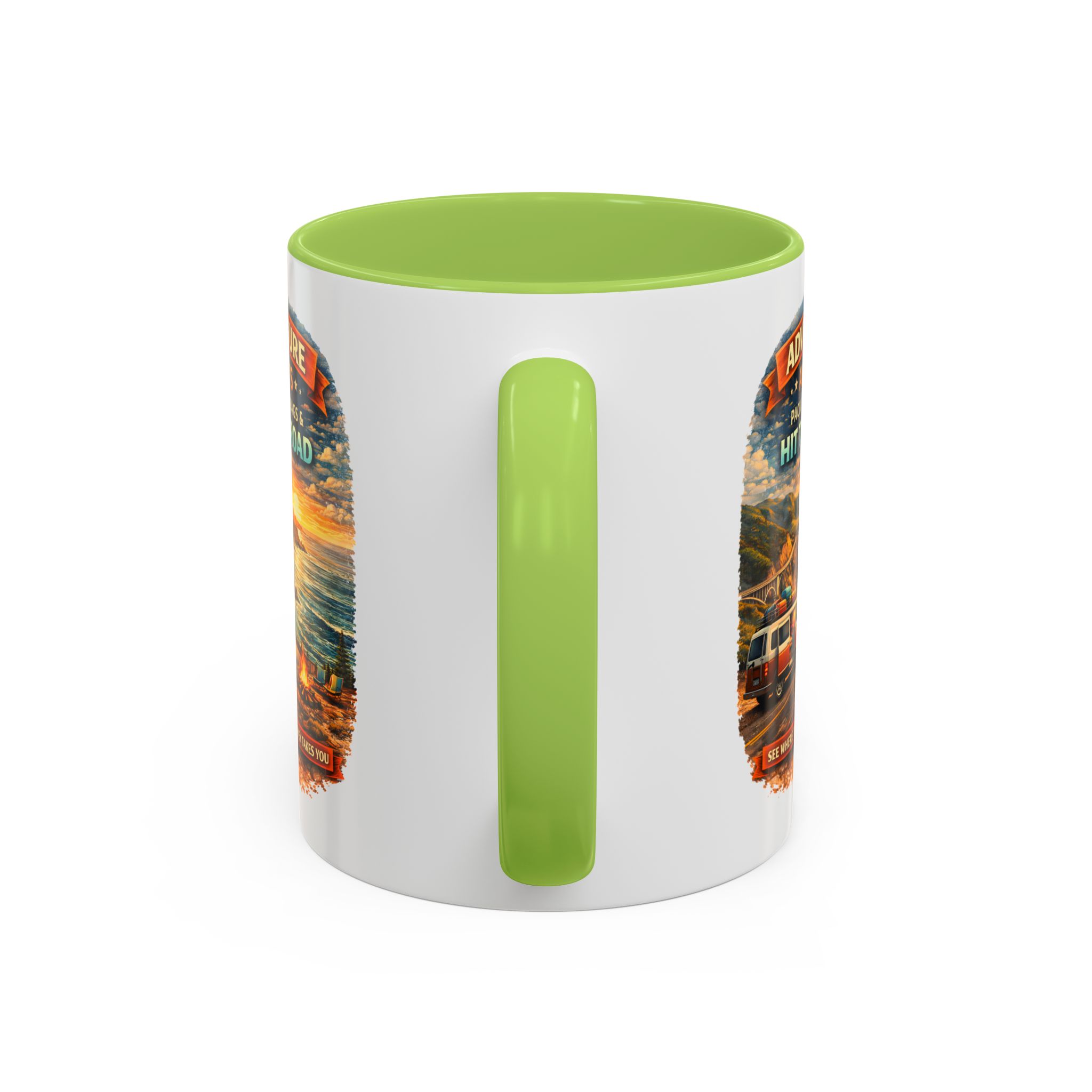 Accent Coffee Mug (11, 15oz) — "Adventure Awaits-Pack Your Bags" Design Scenic-Line