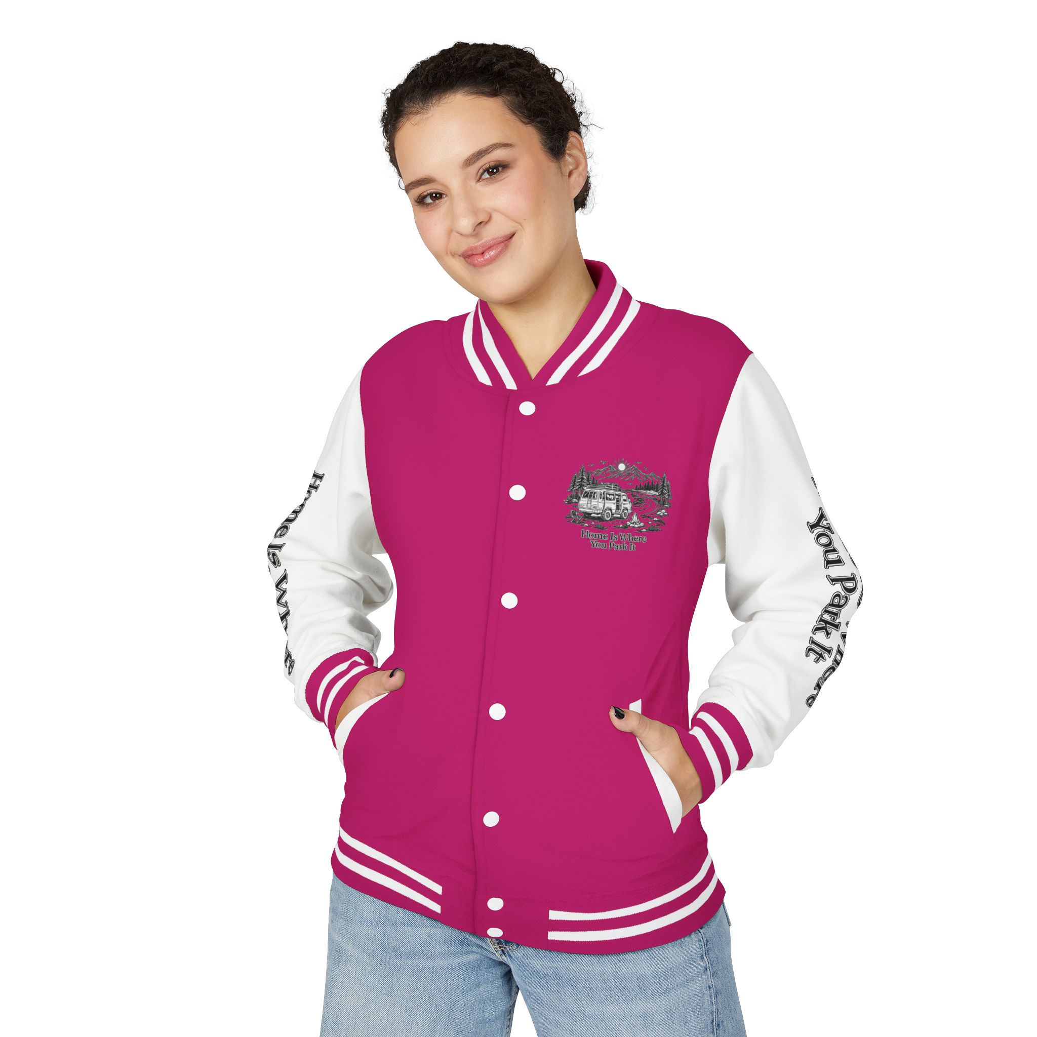 Unisex Heavyweight Letterman Jacket — "Home Is Where You Park It" Travel Varsity Coat