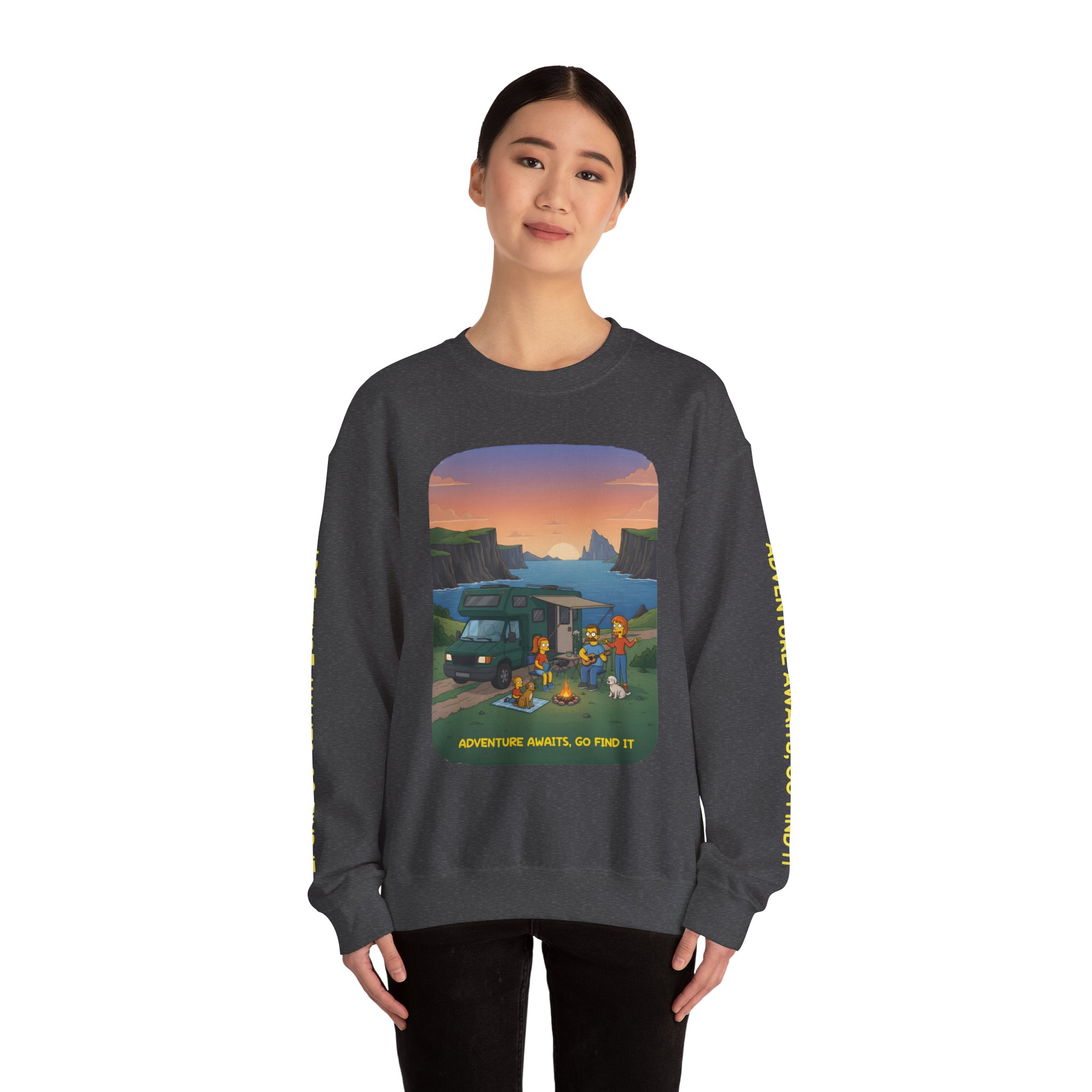 Unisex Heavy Blend™ Crewneck Sweatshirt — "Adventure Awaits-Go Find It"" Design Sitcom-Line