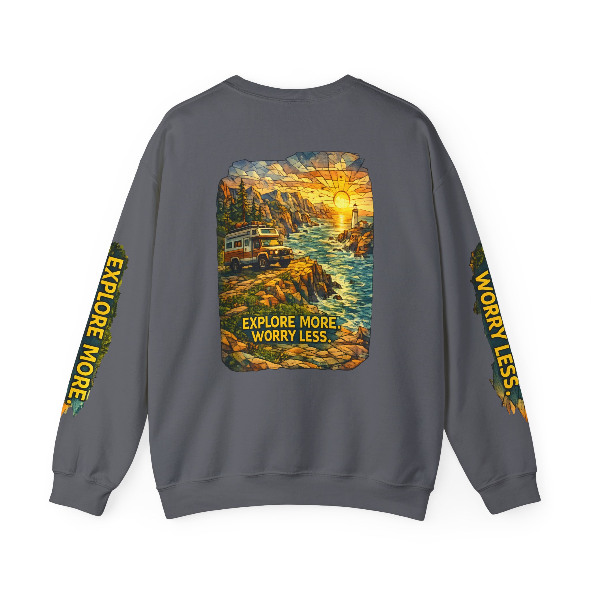 Unisex Heavy Blend™ Crewneck Sweatshirt — "Explore More Worry Less" Design Cubic-Line
