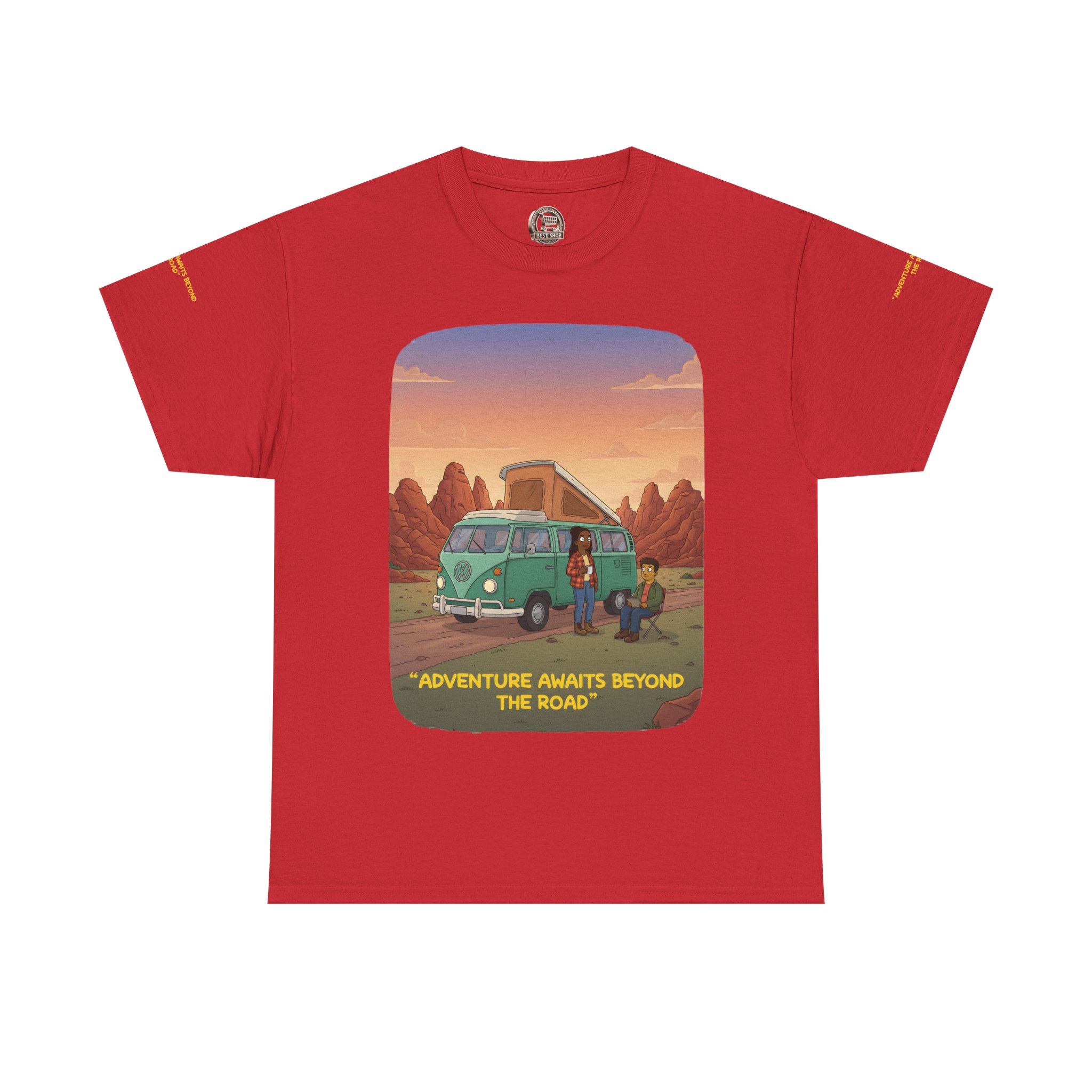 Unisex Heavy Cotton Tee — "Adventure Awaits Beyond The Road" Design Sitcom-Line