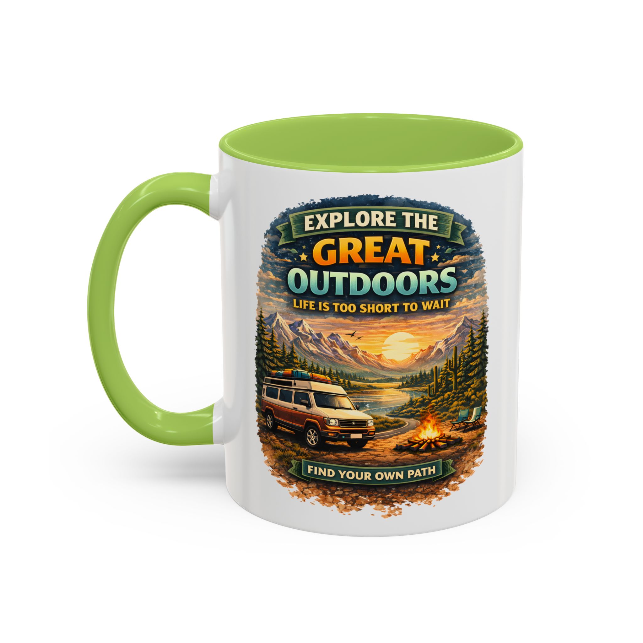 Accent Coffee Mug (11, 15oz) — "Explore The Great Outdoors" Design Scenic-Line
