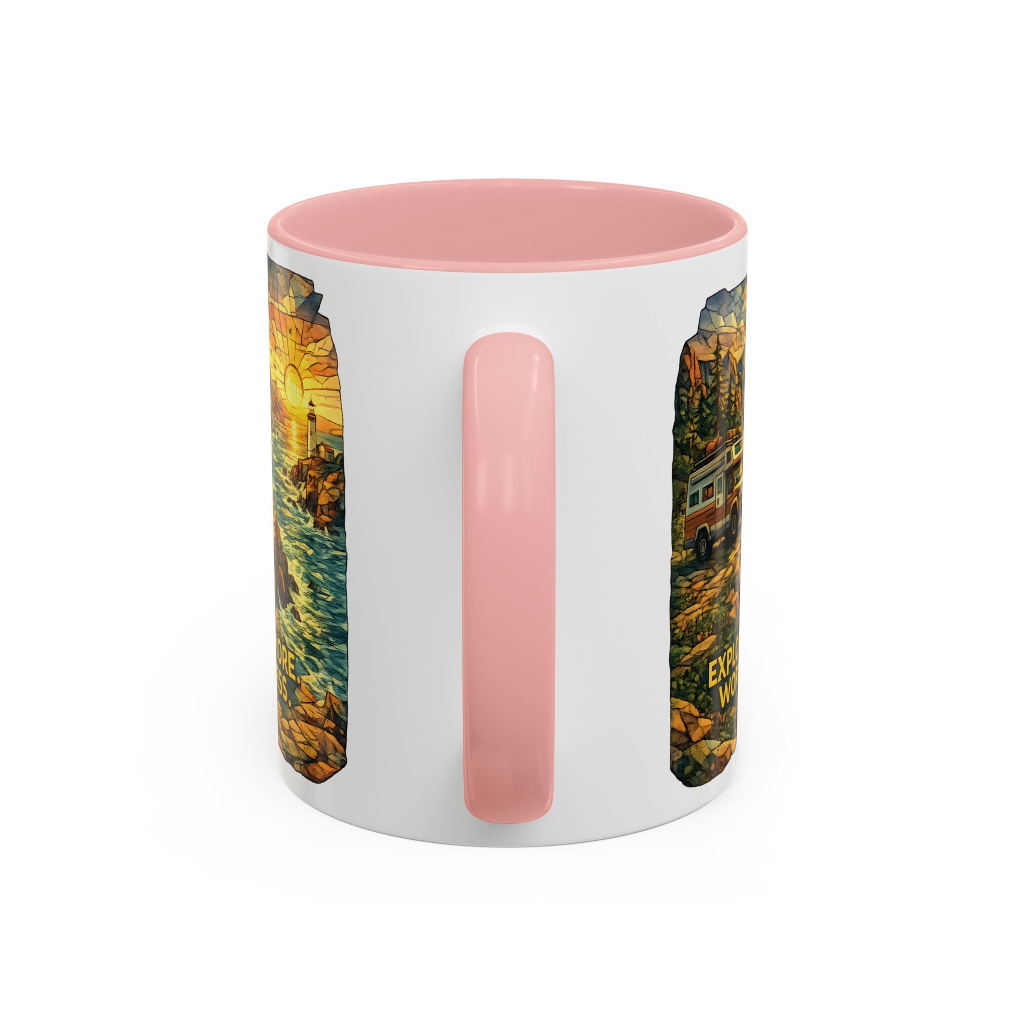 Accent Coffee Mug (11, 15oz) — "Explore More Worry Less" Design Cubic-Line