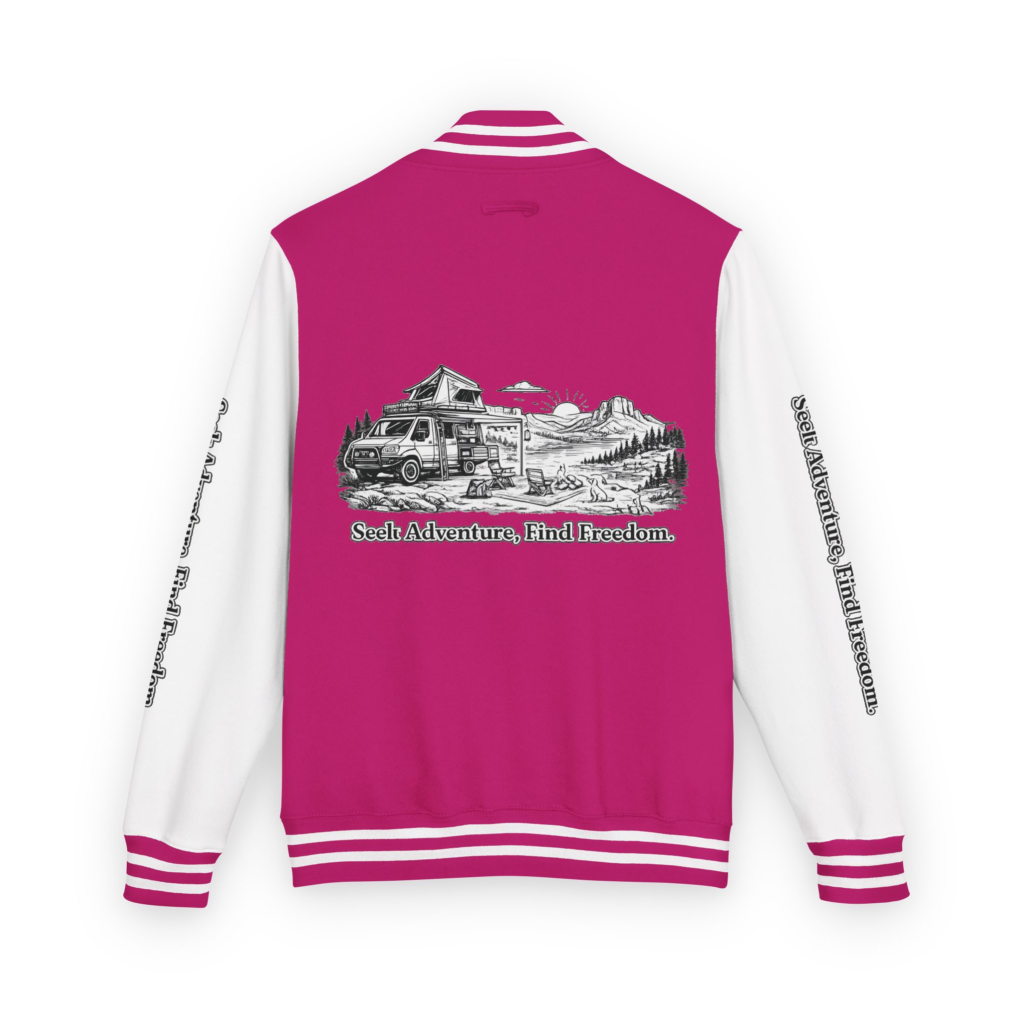Unisex Heavyweight Letterman Jacket — "Seek Adventure, Find Freedom" Travel Varsity Coat