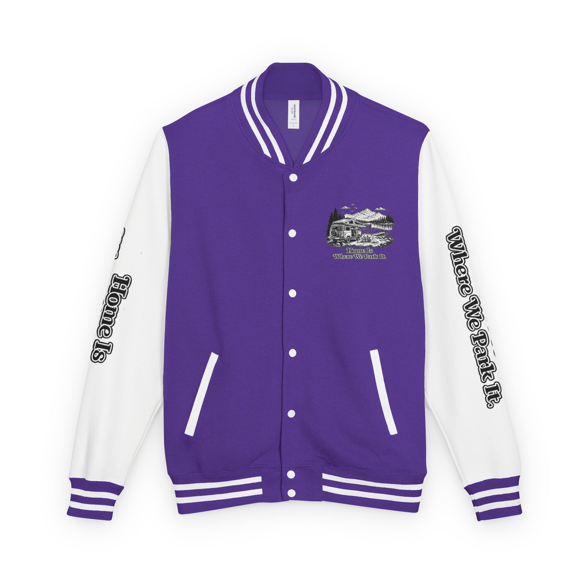 Unisex Heavyweight Letterman Jacket — "Home Is Where You Park It" Travel Varsity Coat