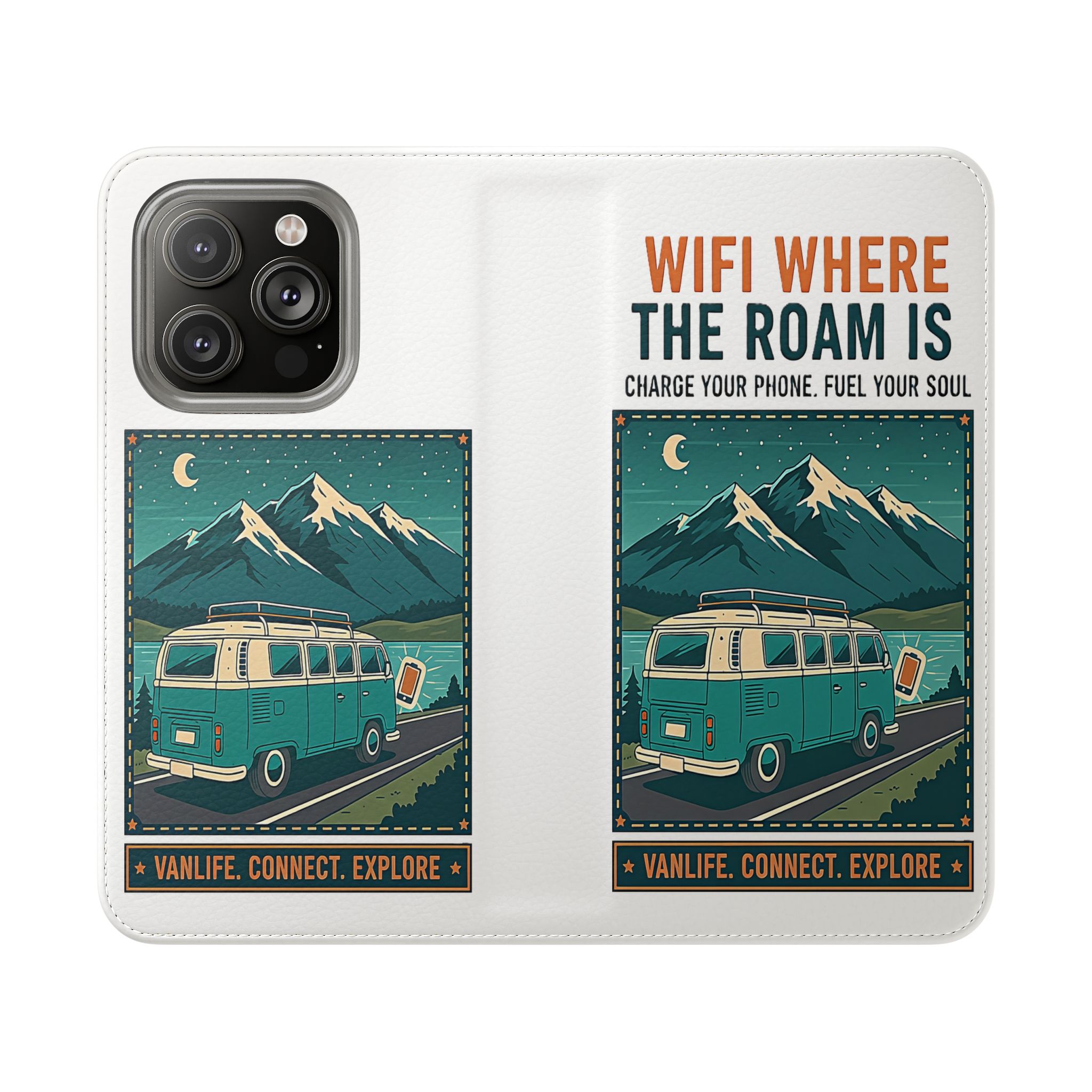 Flip Phone Case — “WiFi Where the Roam Is” Vanlife Wallet Case