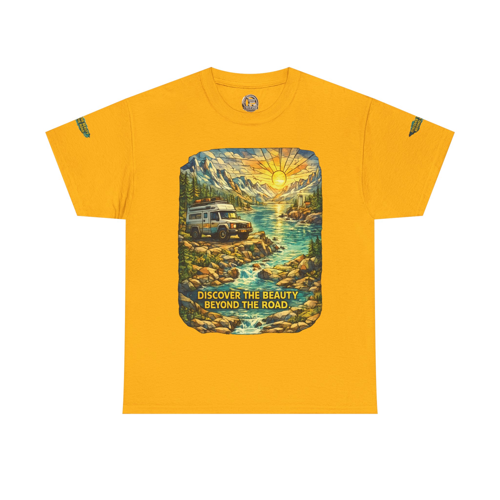 Unisex Heavy Cotton Tee — "Discover The Bieuty Beyond The Road" Design Cubic-Line