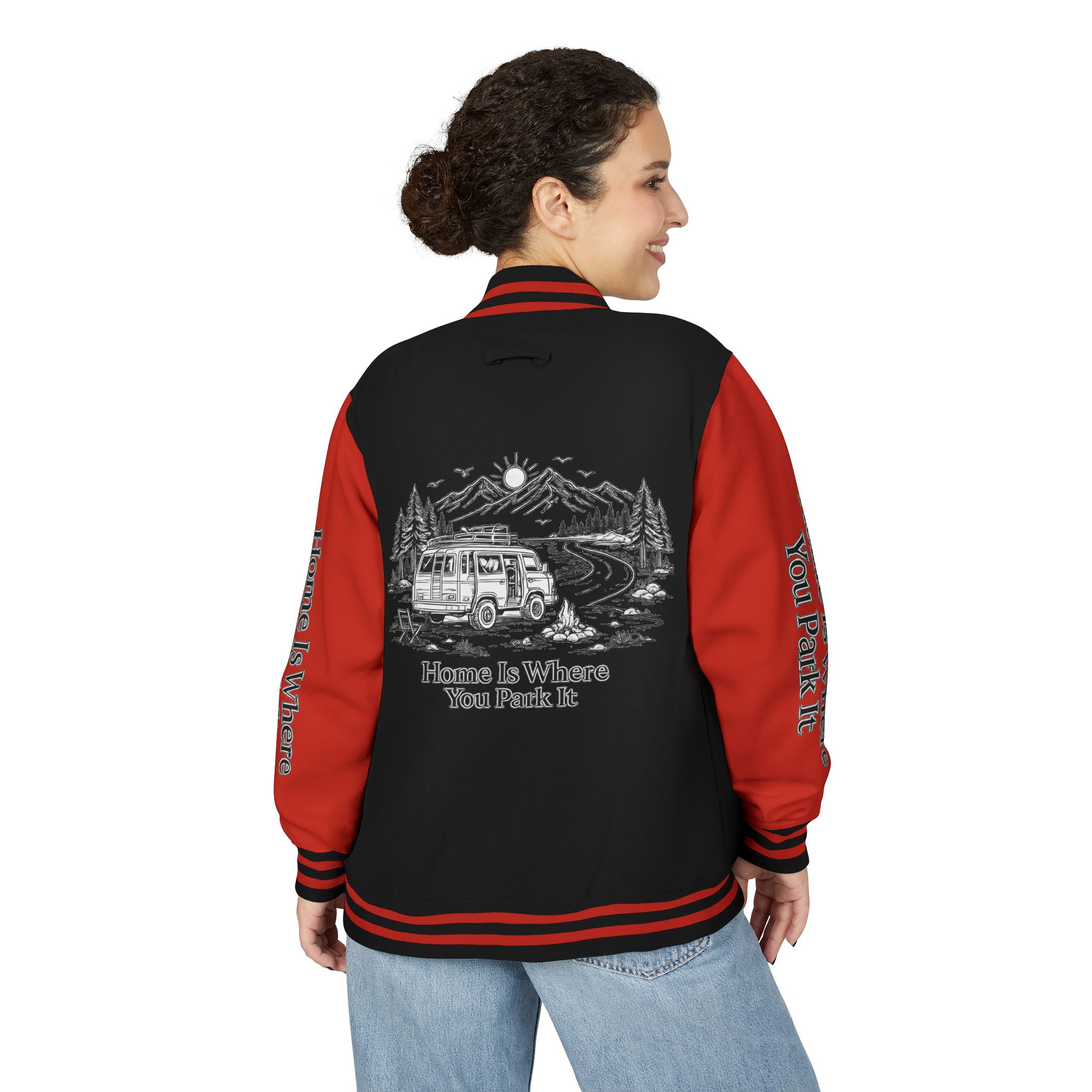 Unisex Heavyweight Letterman Jacket — "Home Is Where You Park It" Travel Varsity Coat