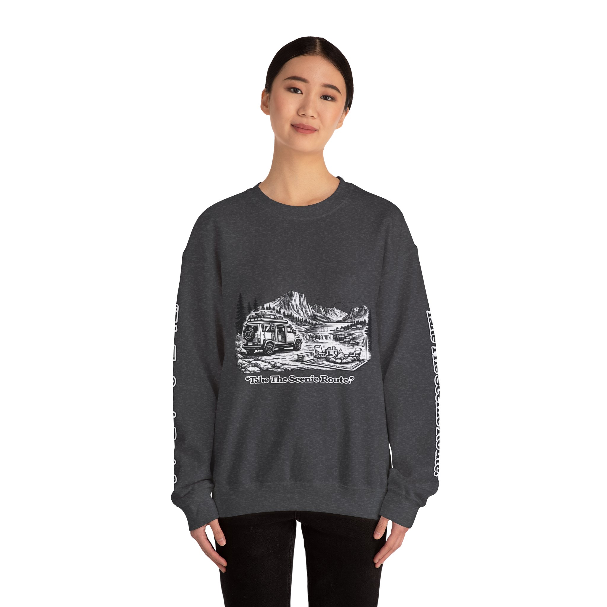 4512393401739055246_2048.jpeg Unisex Heavy Blend™ Crewneck Sweatshirt — "Take The Scenic Route" Design Minimal-Line