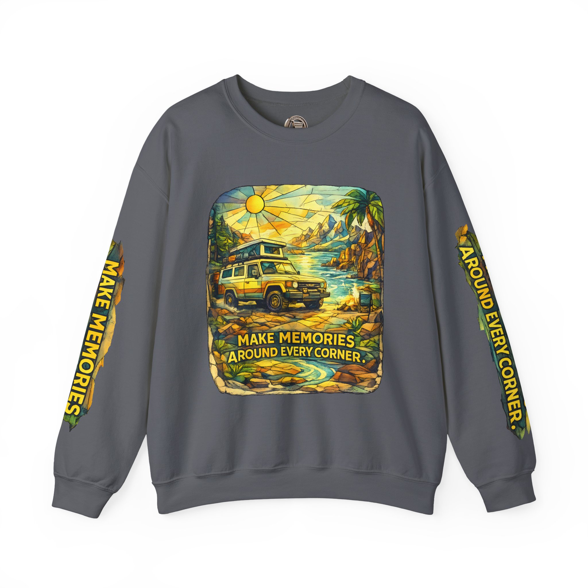 Unisex Heavy Blend™ Crewneck Sweatshirt — "Make Memories Around Every Corner" Design Cubic-Line
