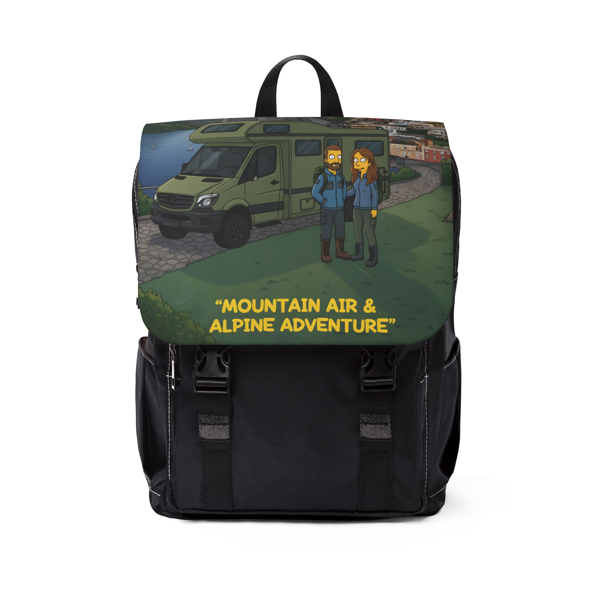 Unisex Casual Shoulder Backpack — "Mountain Air And Alpine Adventure"" Design Sitcom-Line