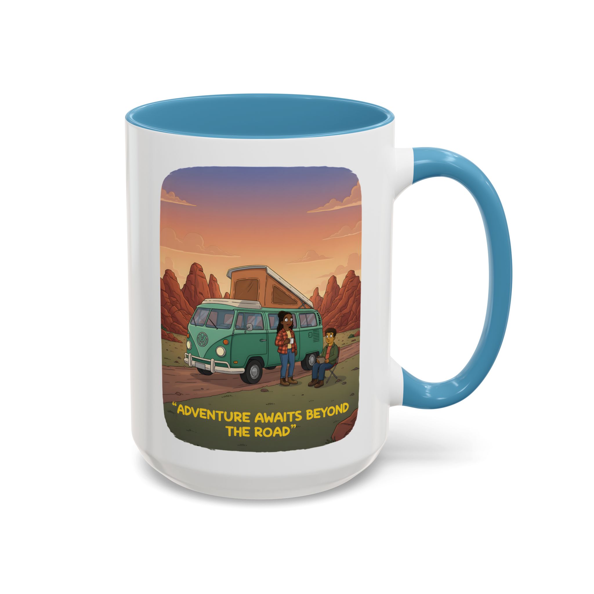 Accent Coffee Mug (11, 15oz) — "Adventure Awaits Beyond The Road" Design Sitcom-Line