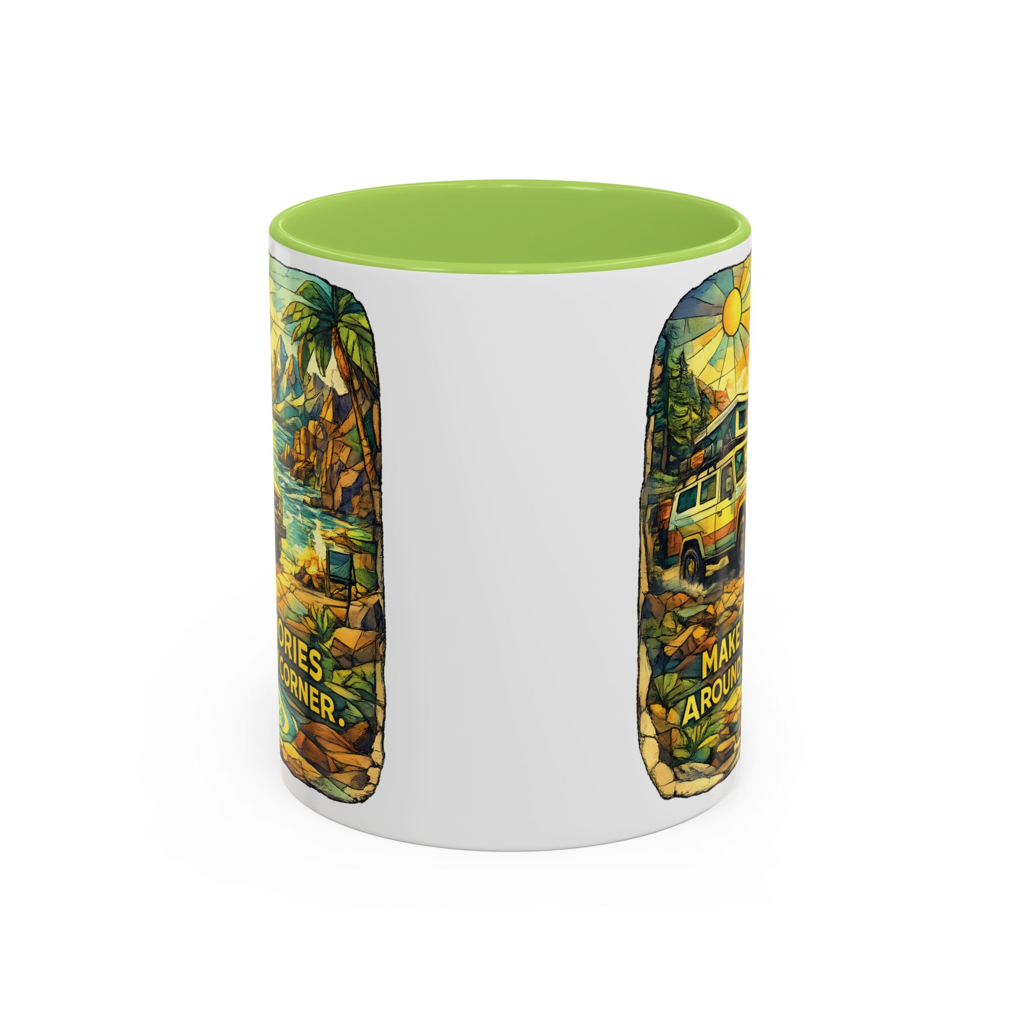 Accent Coffee Mug (11, 15oz) — "Make Memories Around Every Corner" Design Cubic-Line