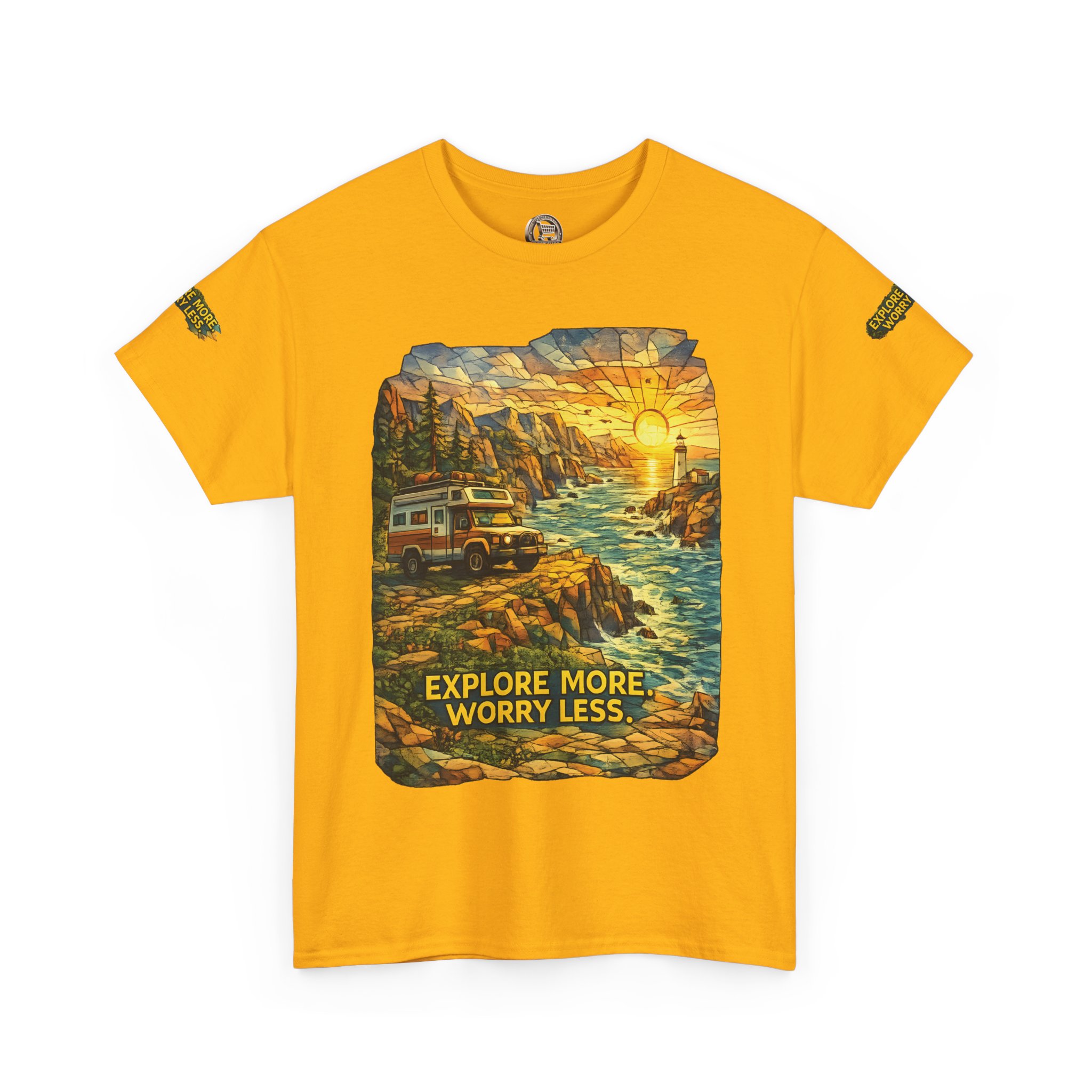 Unisex Heavy Cotton Tee — "Explore More Worry Less" Design Cubic-Line