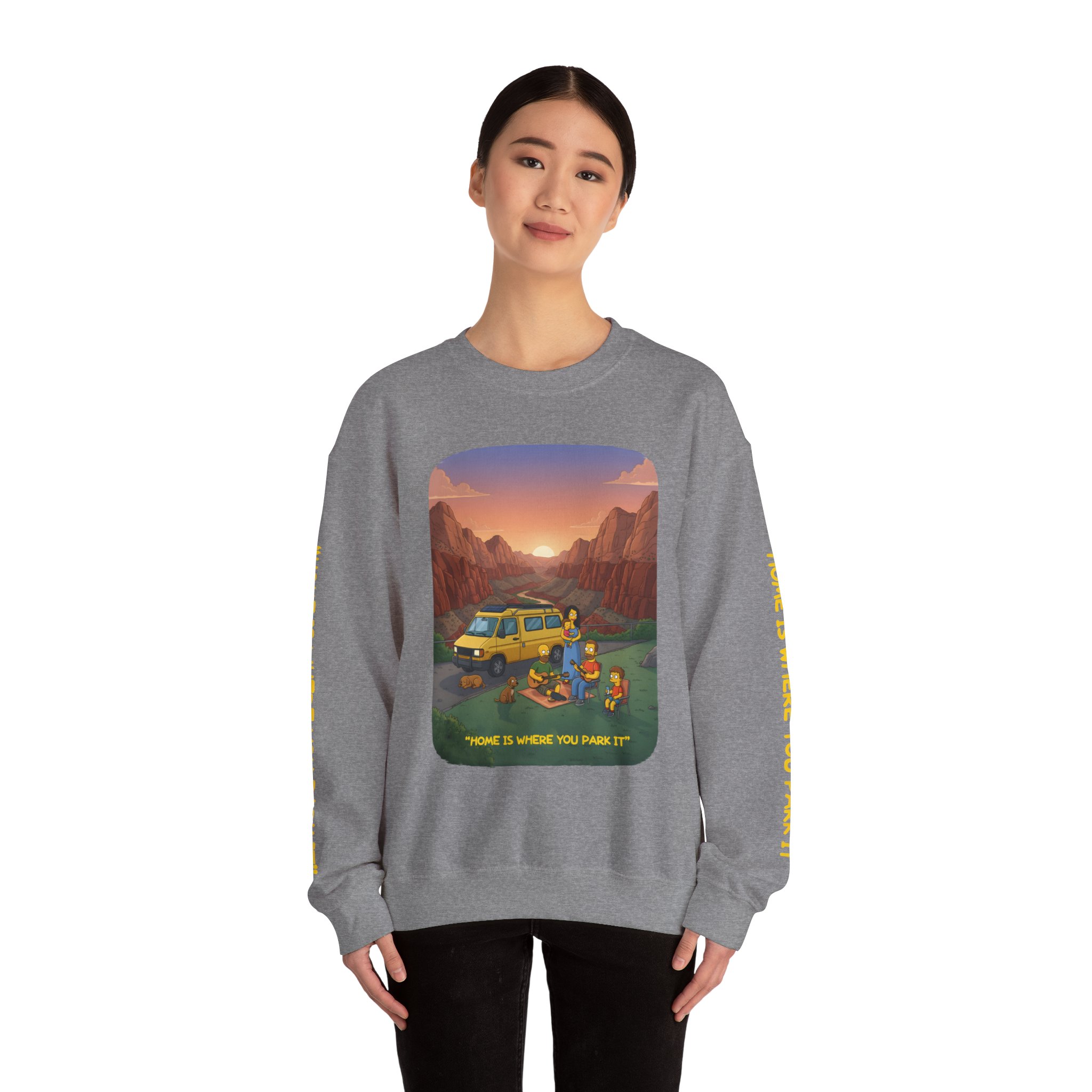 Unisex Heavy Blend™ Crewneck Sweatshirt — "Home Is Where You Park It" Design Sitcom-Line