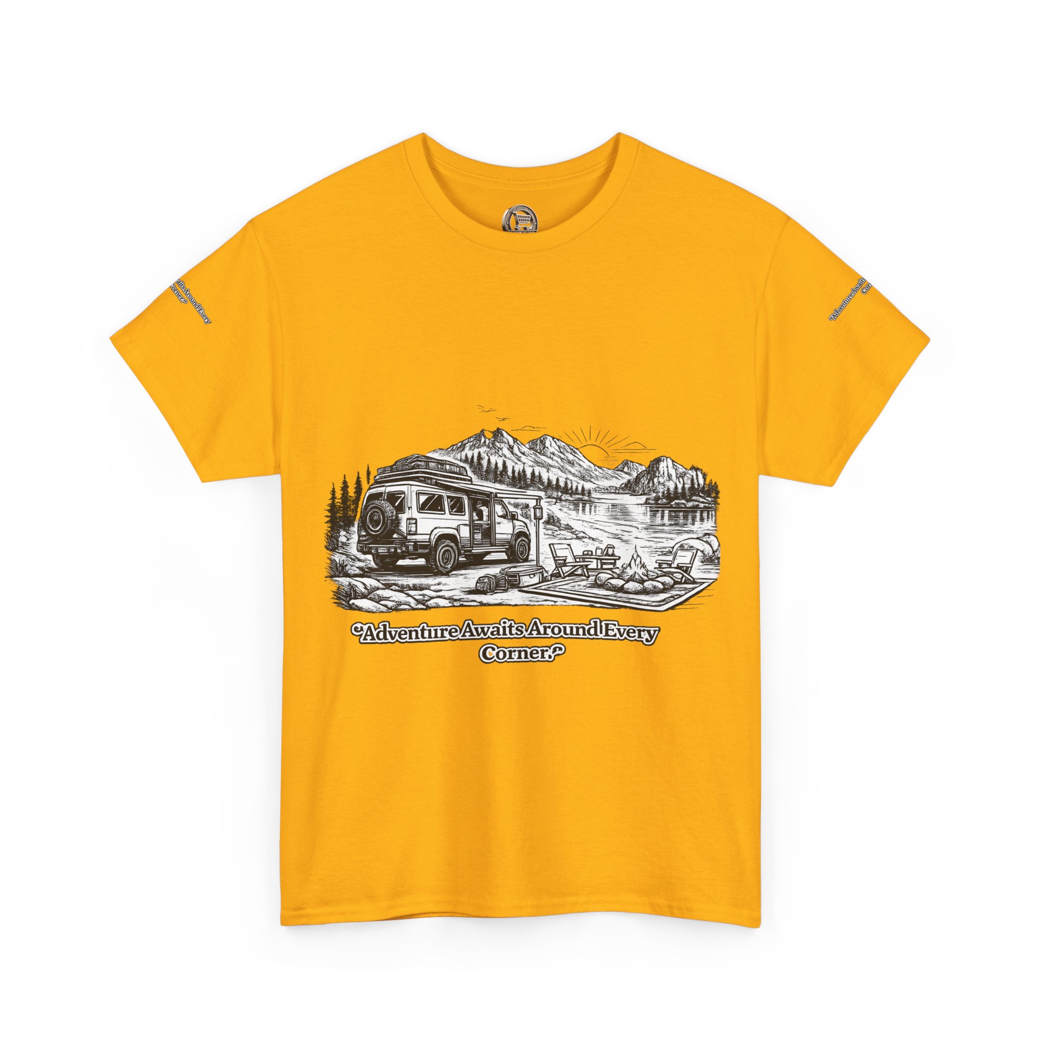 Unisex Heavy Cotton Tee — "Adventure Awaits Around Every Corner" Design Minimal-Line