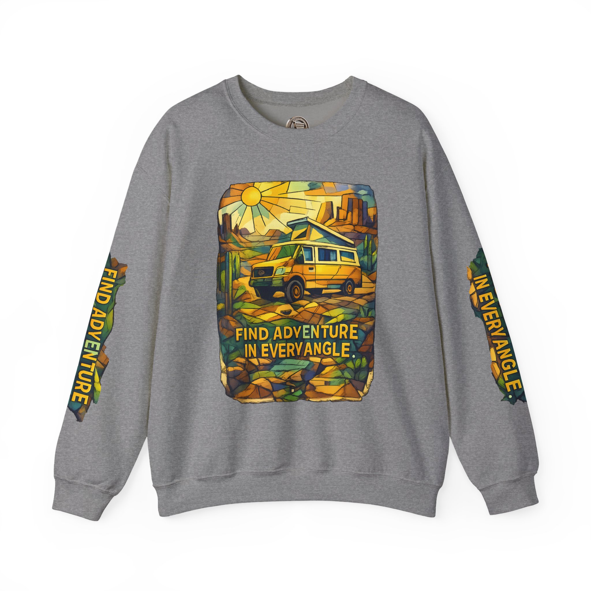 Unisex Heavy Blend™ Crewneck Sweatshirt — "Find Adventure In Every Corner" Design Cubic-Line