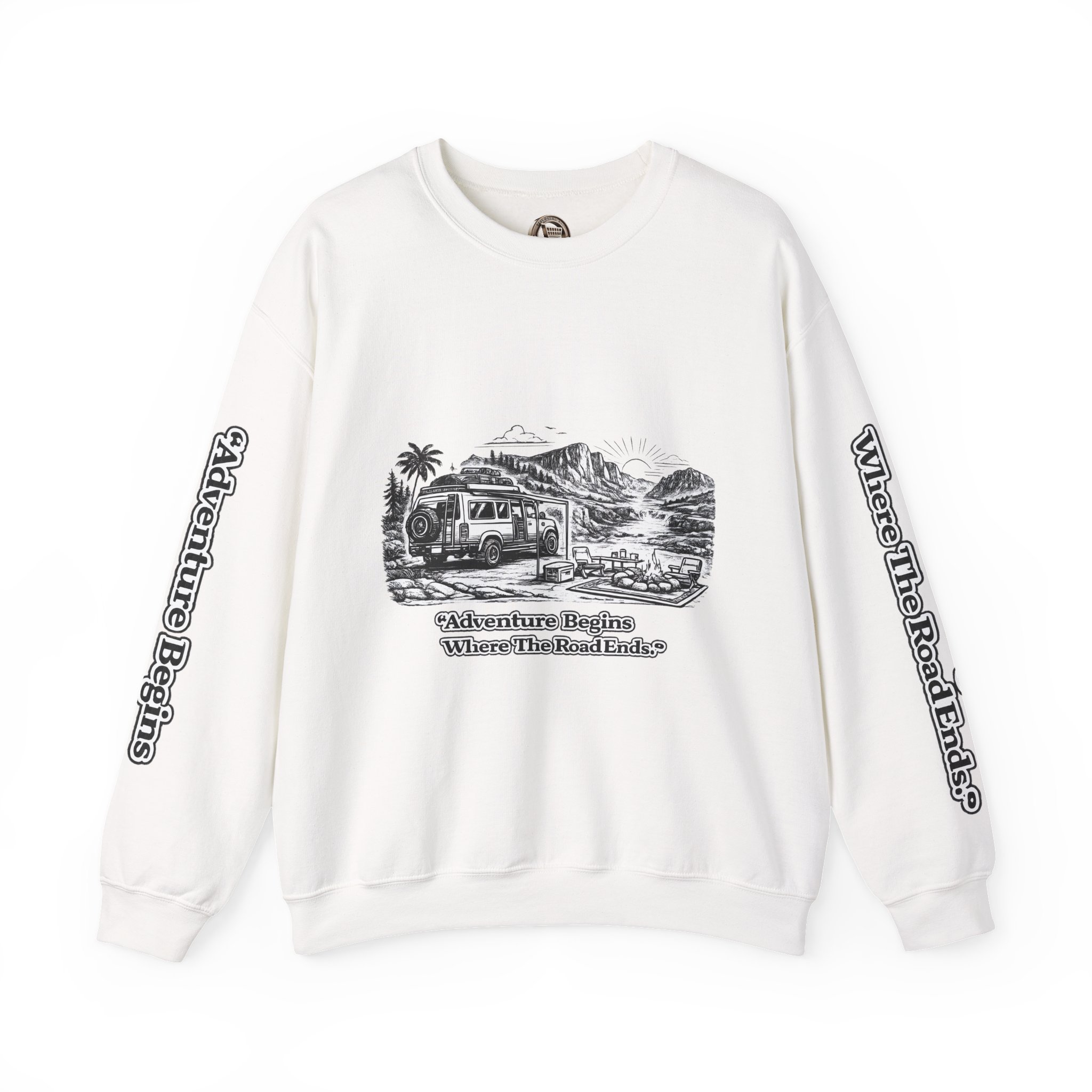 Unisex Heavy Blend™ Crewneck Sweatshirt — "Adventure Begins Where The Road Ends" Design Minimal-Line