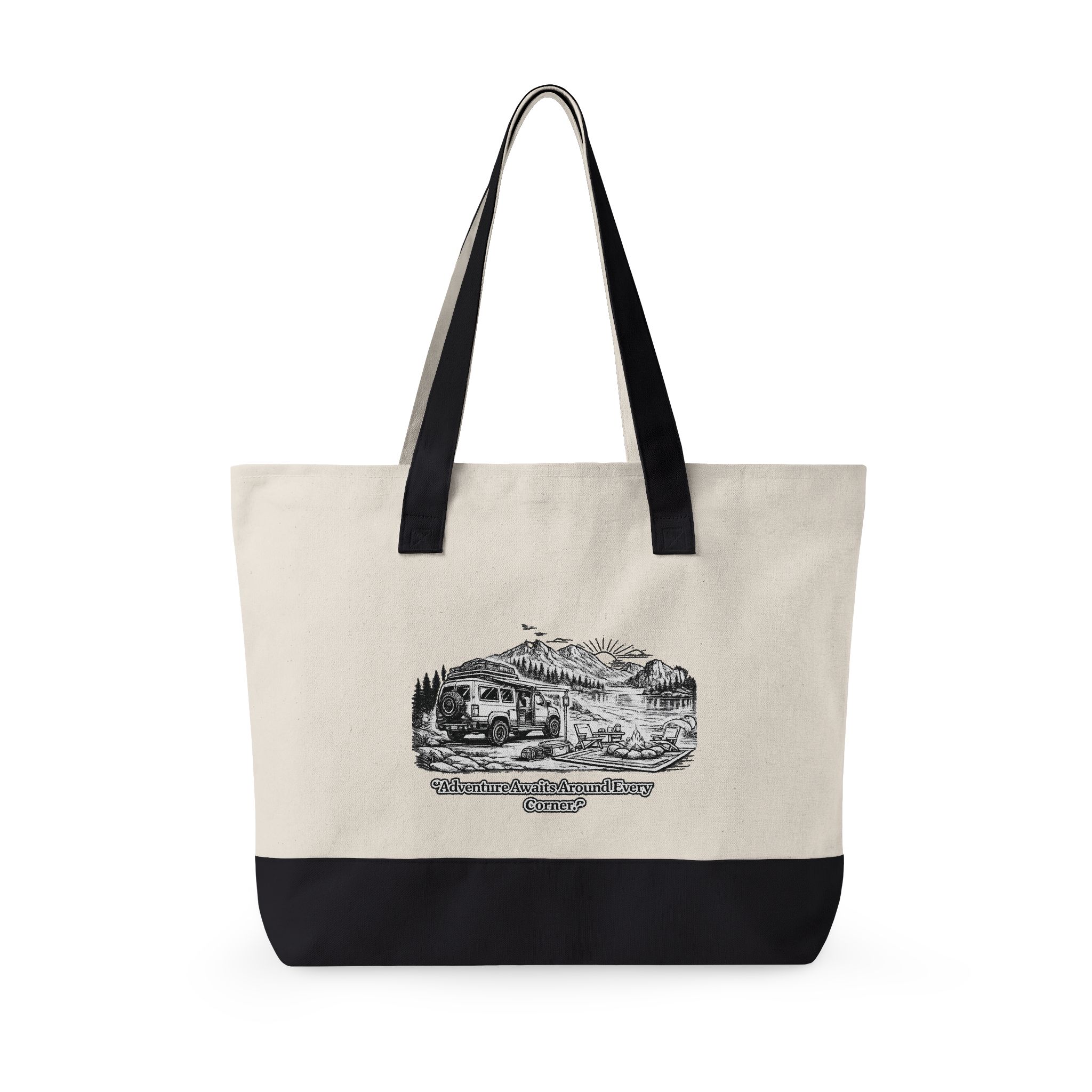 Zippered Canvas Tote — "Adventure Awaits Around Every Corner" (Design Minimal-Line)