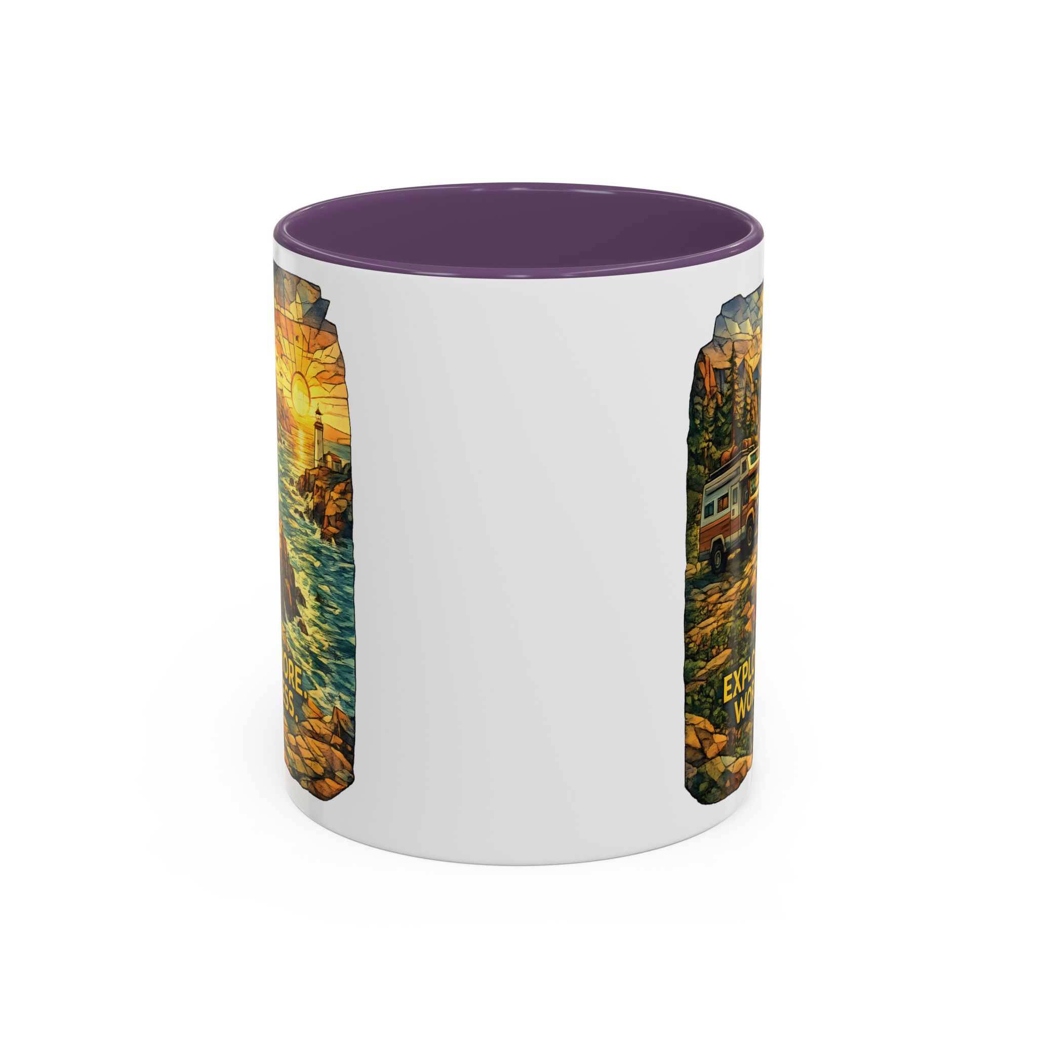 Accent Coffee Mug (11, 15oz) — "Explore More Worry Less" Design Cubic-Line