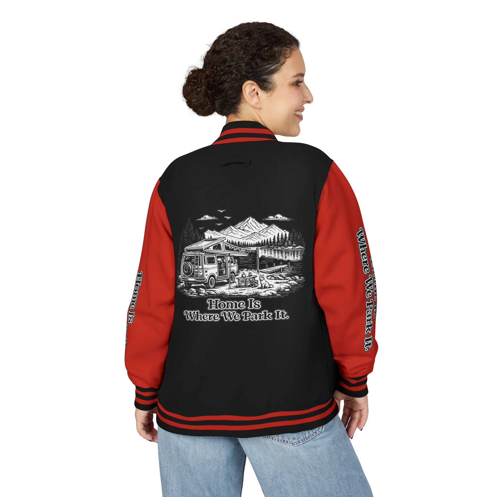 Unisex Heavyweight Letterman Jacket — "Home Is Where You Park It" Travel Varsity Coat