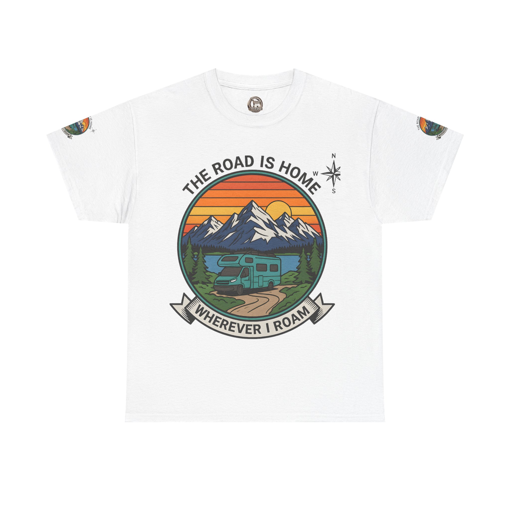 Unisex Heavy Cotton Tee  — 'The Road Is Home, Wherever I Roam' Retro Camper Tee