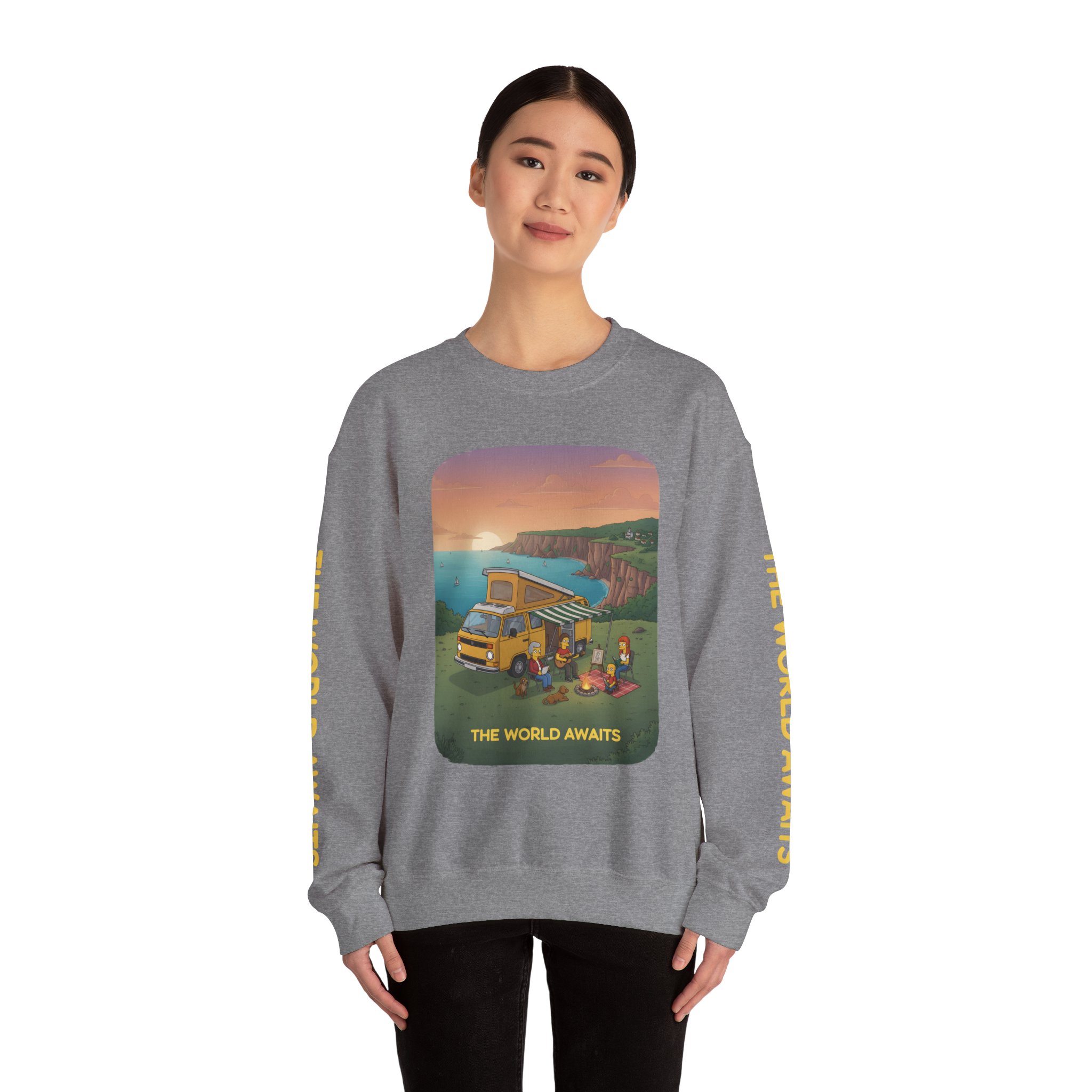 Unisex Heavy Blend™ Crewneck Sweatshirt — "The World Awaits" Design Sitcom-Line