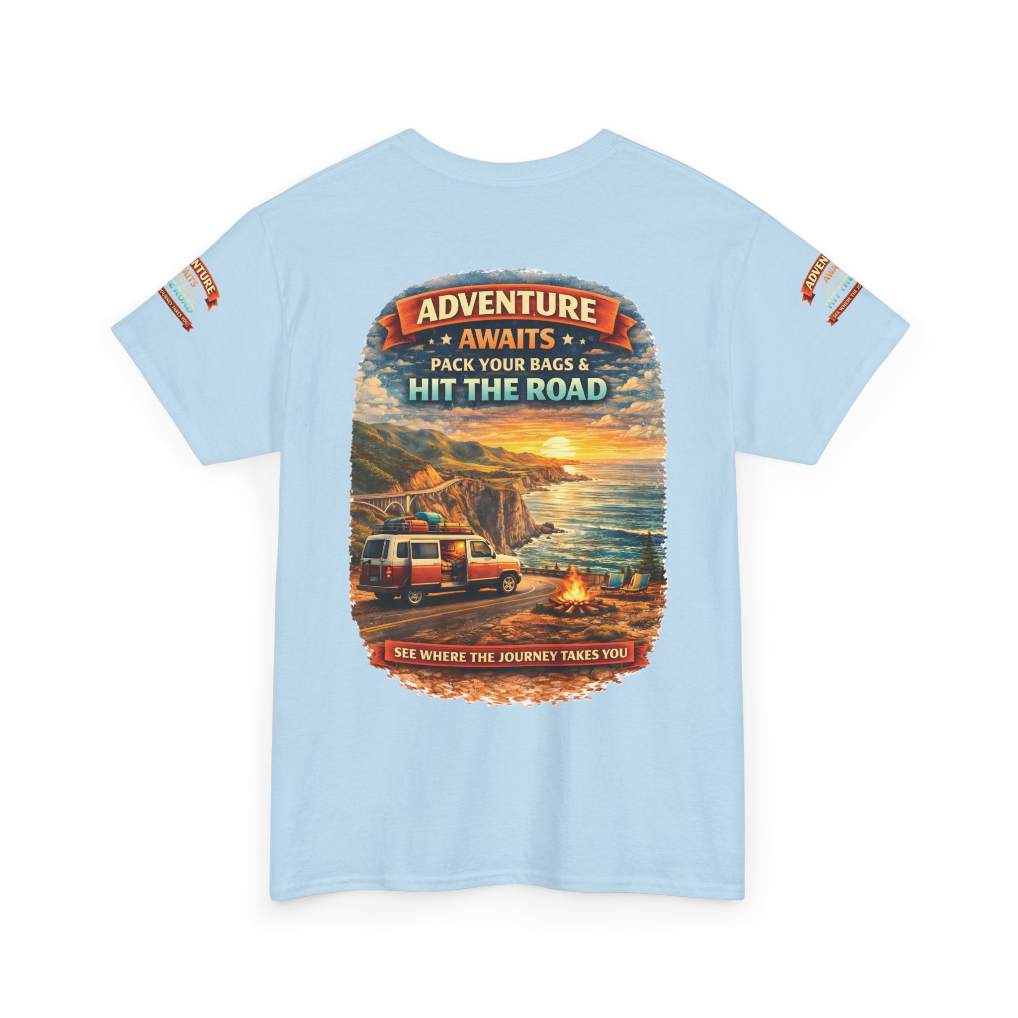 Unisex Heavy Cotton Tee — "Adventure Awaits-Pack Your Bags" Design Scenic-Line