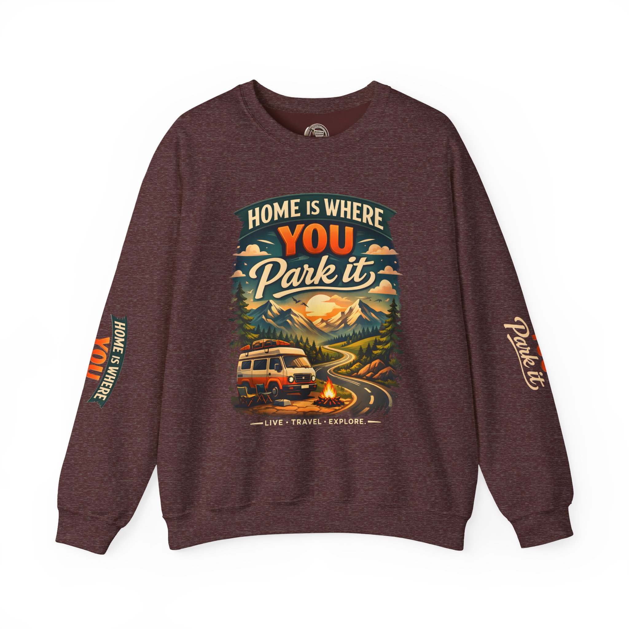 Unisex Heavy Blend™ Crewneck Sweatshirt — "Home Is Where You Park It" Design Scenic-Line