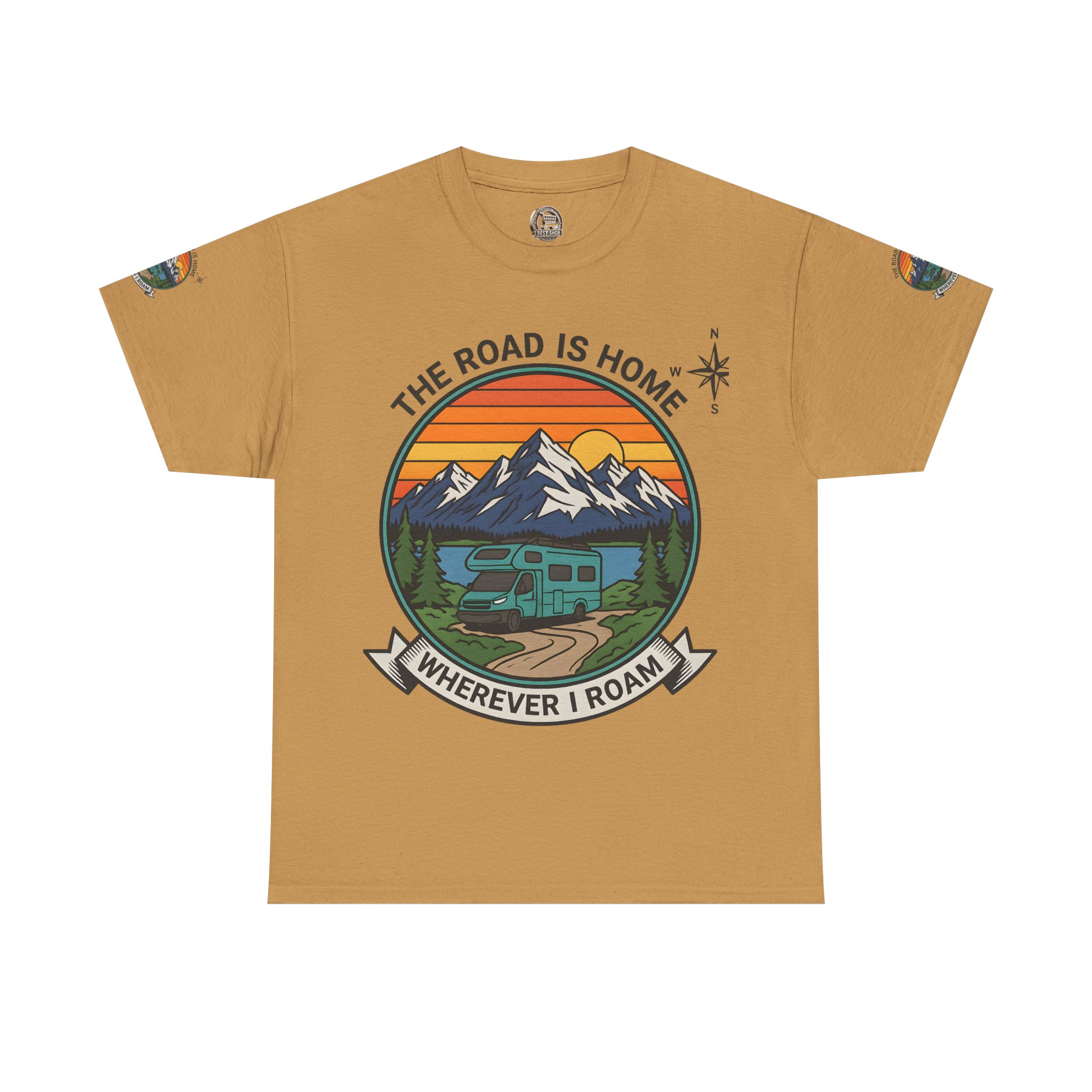 Unisex Heavy Cotton Tee  — 'The Road Is Home, Wherever I Roam' Retro Camper Tee
