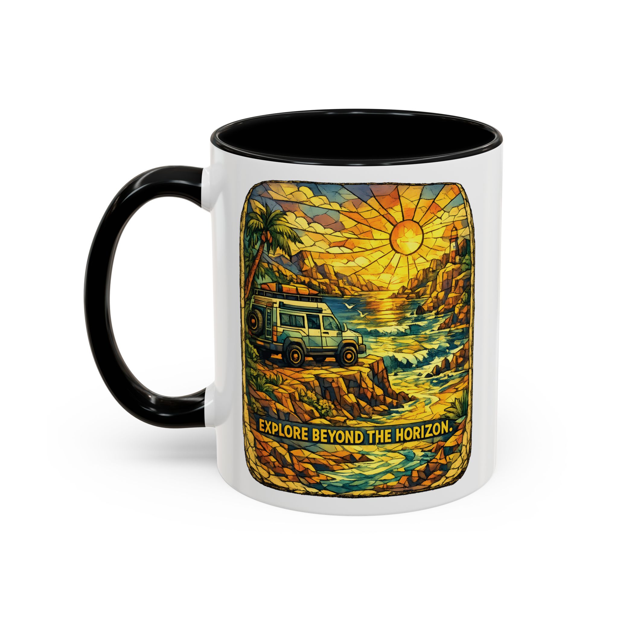 Accent Coffee Mug (11, 15oz) — "Explore Beyond The Horizon" Design Cubic-Line