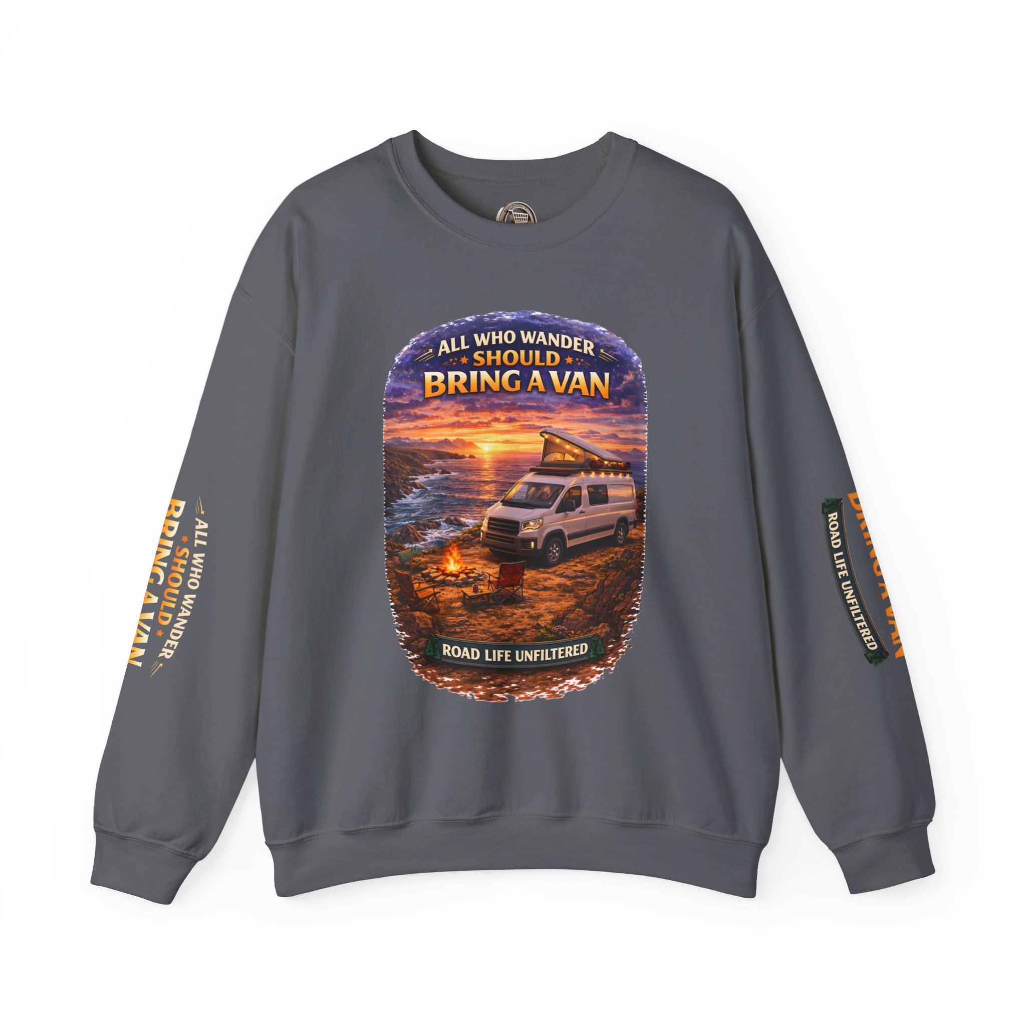 Unisex Heavy Blend™ Crewneck Sweatshirt — "All Who wander Should Bring A Van" Design Scenic-Line