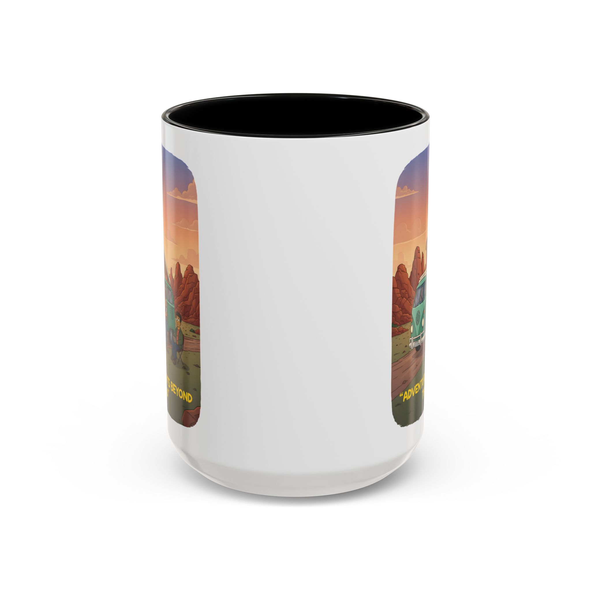 Accent Coffee Mug (11, 15oz) — "Adventure Awaits Beyond The Road" Design Sitcom-Line