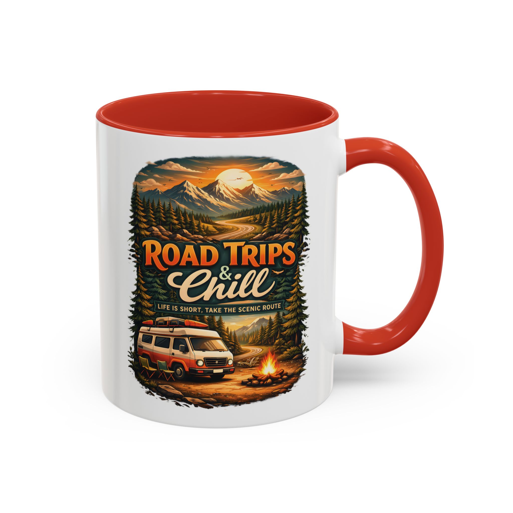 Accent Coffee Mug (11, 15oz) — "Road Trips & Chill" Design Scenic-Line