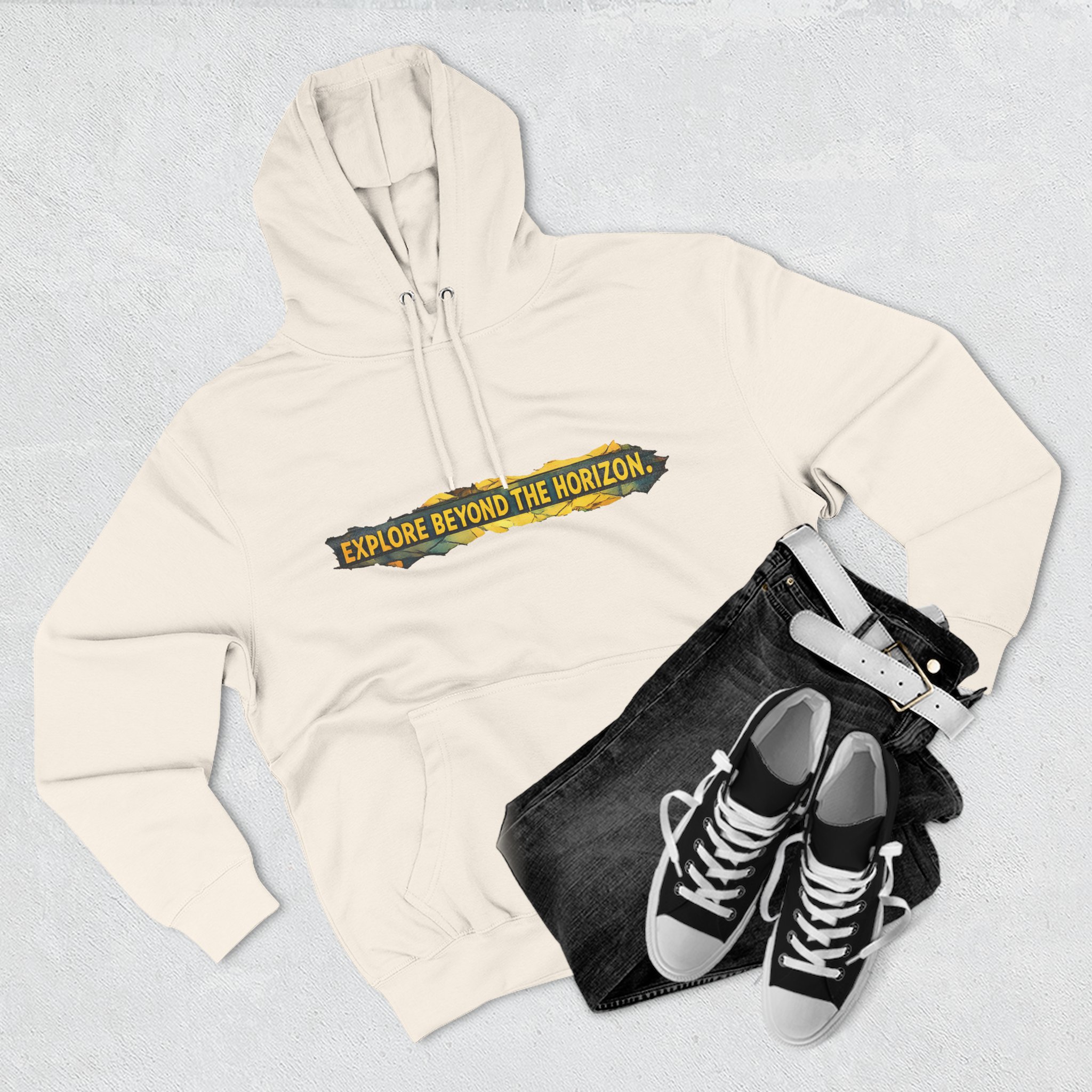 Three-Panel Fleece Hoodie - "Explore Beyond The Horizon" Design Cubic-Line
