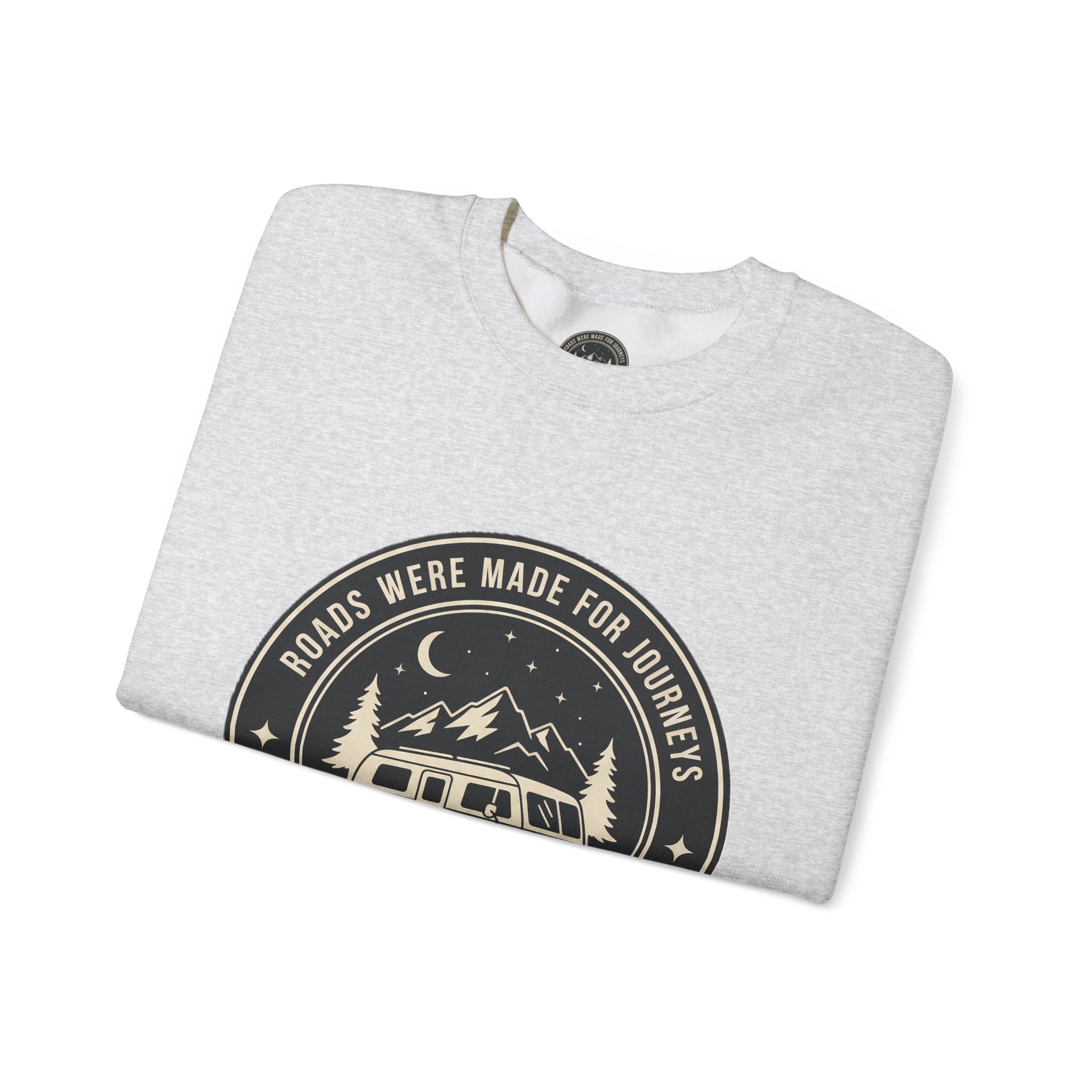 4675216514761967407_2048-1.jpeg Crewneck Sweatshirt — "ROAD WHERE MADE FOR JOURNEYS-NOT DESTINATIONS" (Ony Font printed) Vintage Camper Van Outdoor Graphic