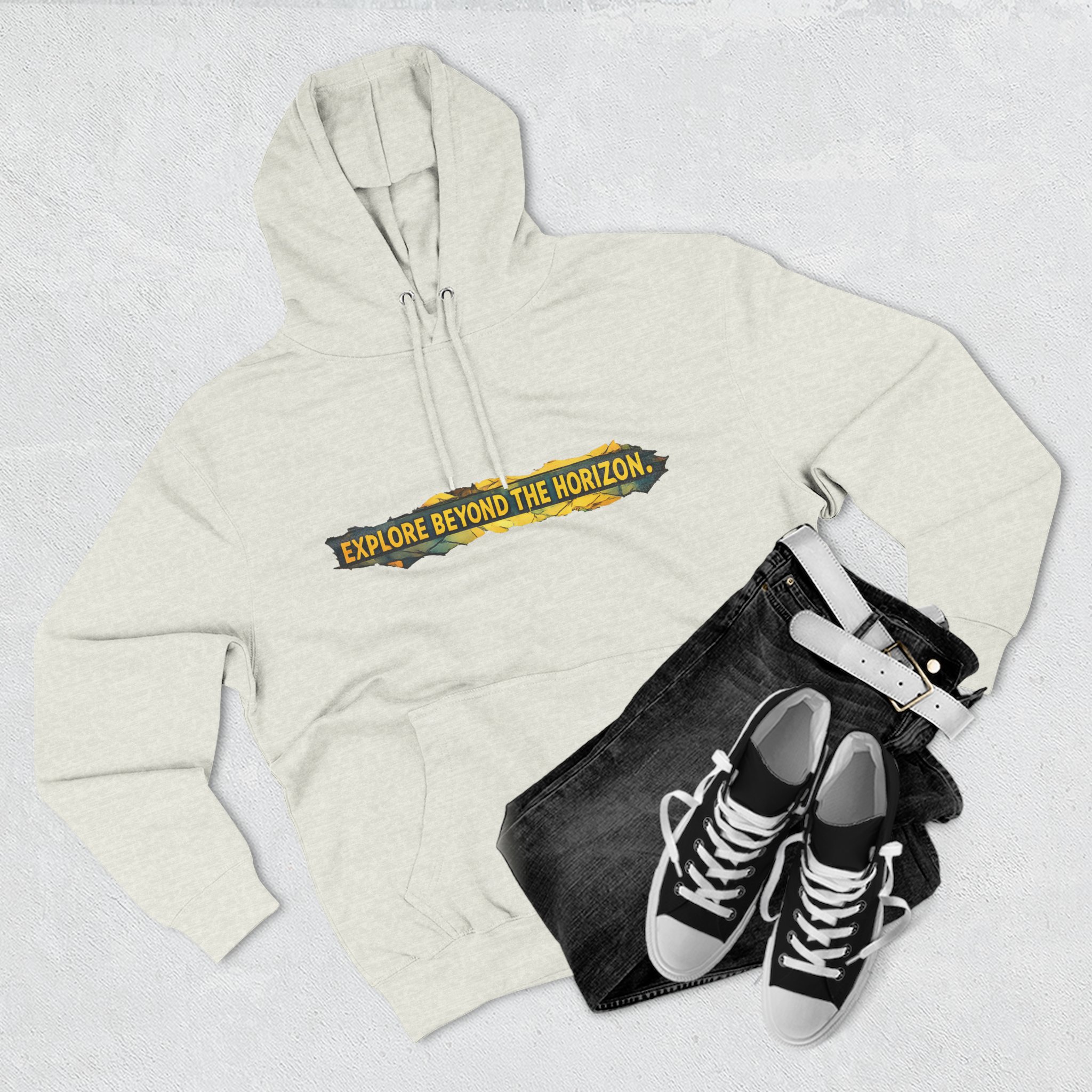 Three-Panel Fleece Hoodie - "Explore Beyond The Horizon" Design Cubic-Line