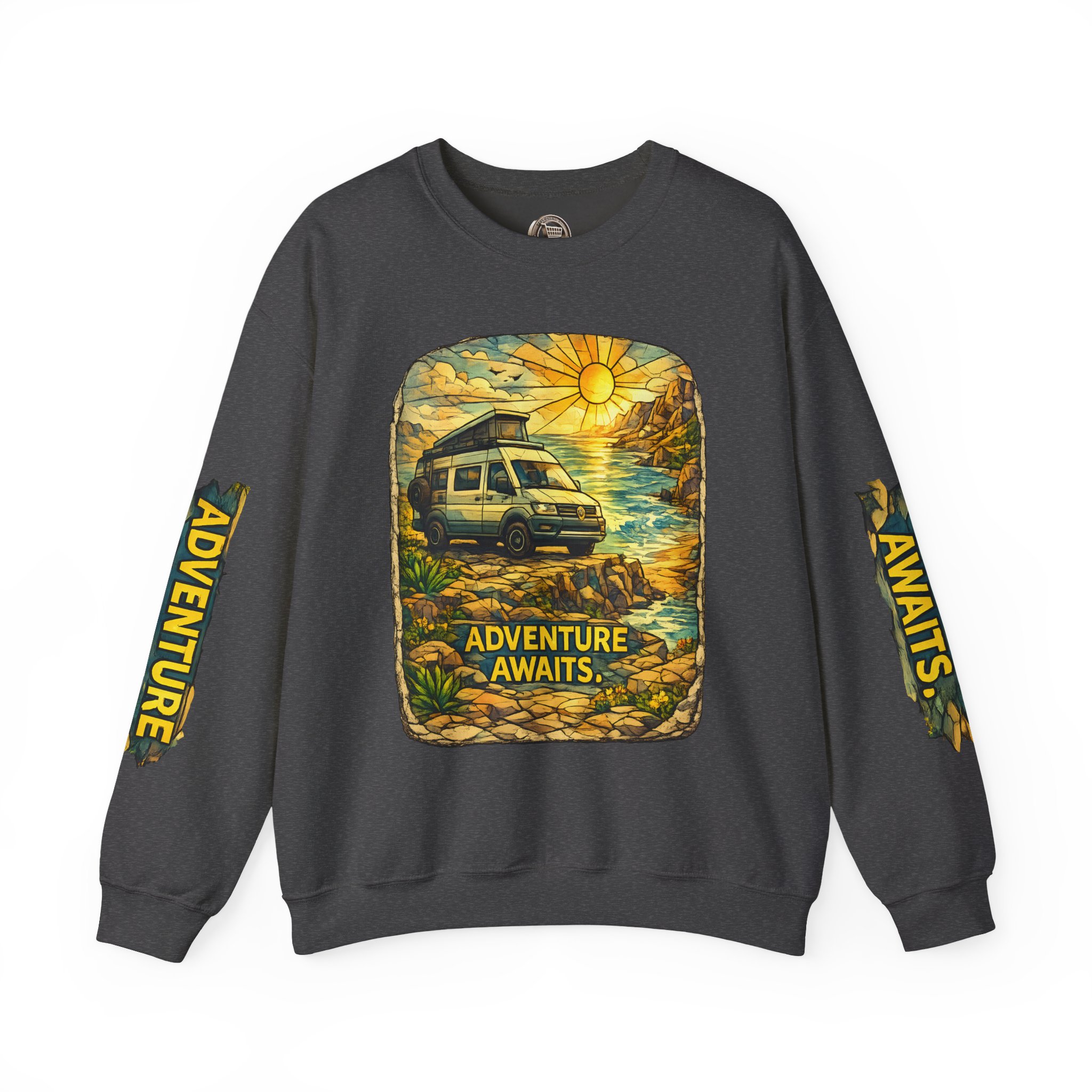 Unisex Heavy Blend™ Crewneck Sweatshirt — "Adventure Awaits" Design Cubic-Line