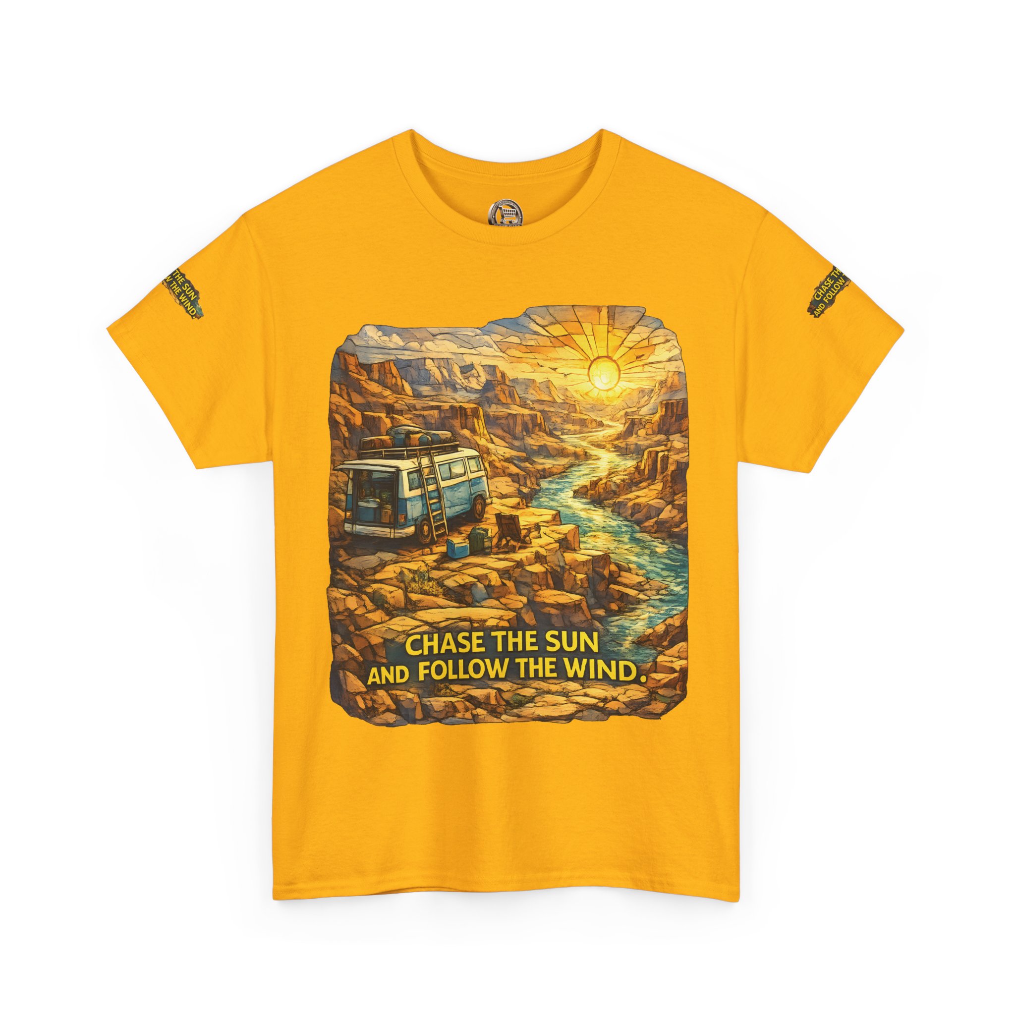 4700310365680039603_2048.jpeg Unisex Heavy Cotton Tee — "Chase The Sun And Follow The Wind" Design Cubic-Line