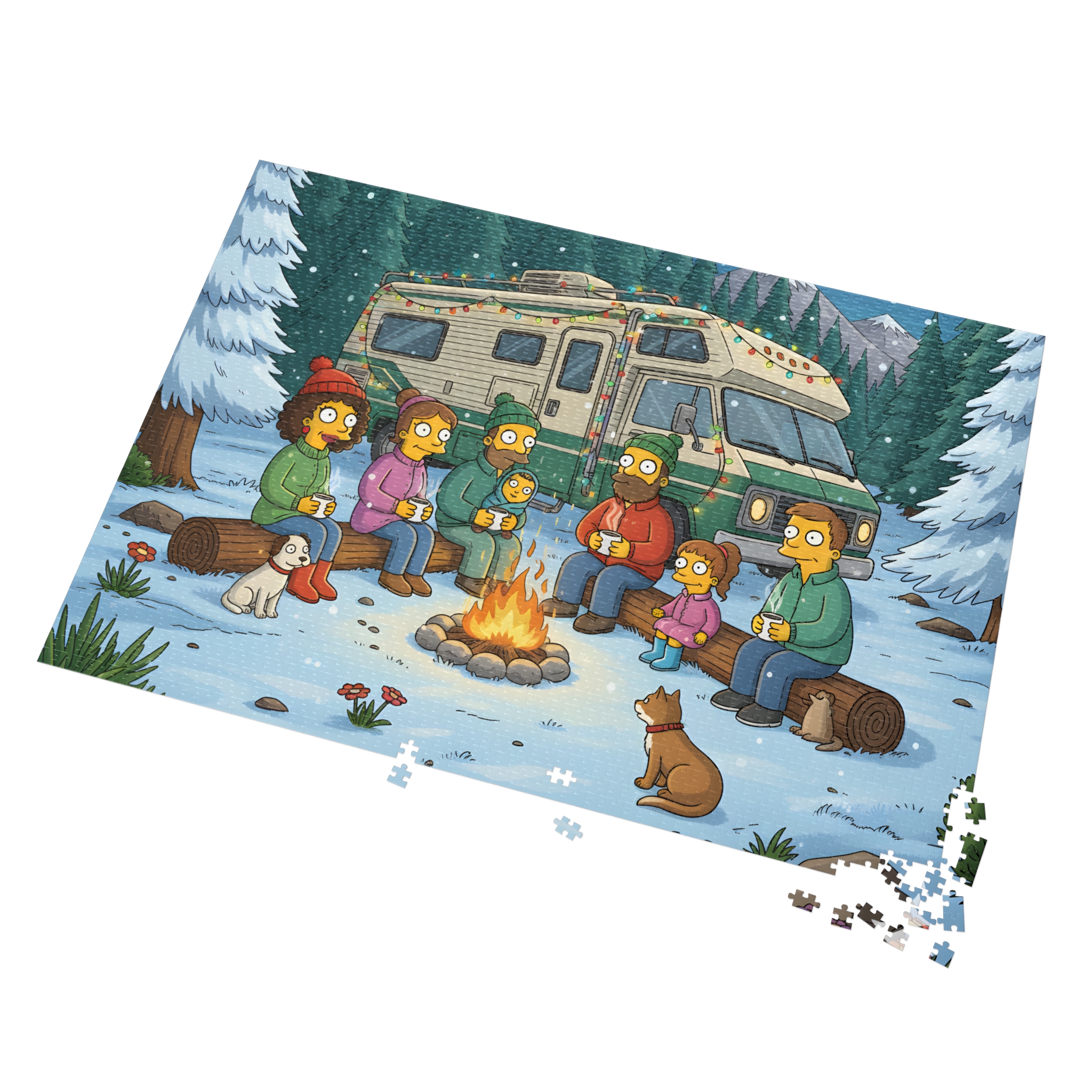 Jigsaw Puzzle with Tin — Cozy RV Winter Scene with Campfire