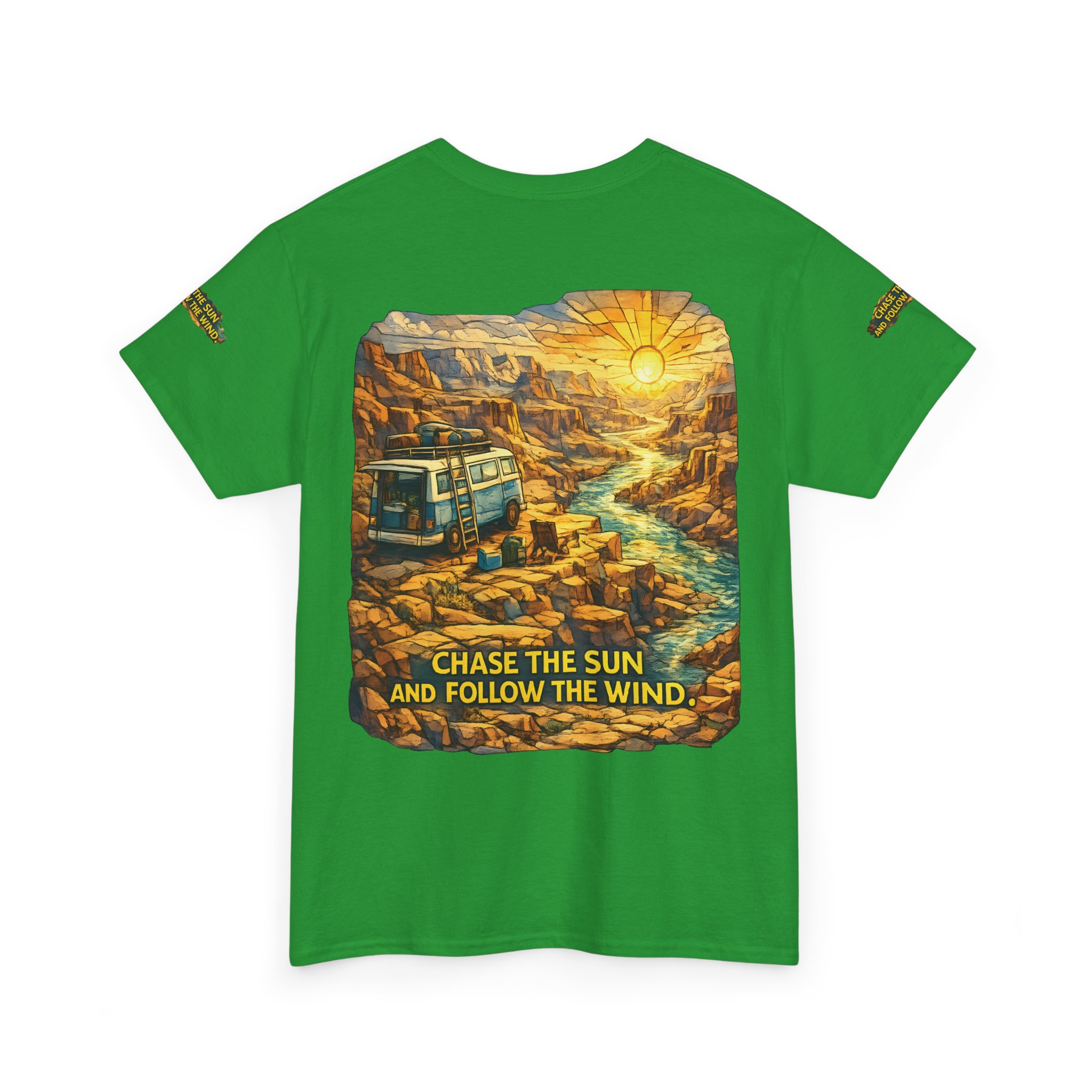 4710075741500276842_2048.jpeg Unisex Heavy Cotton Tee — "Chase The Sun And Follow The Wind" Design Cubic-Line