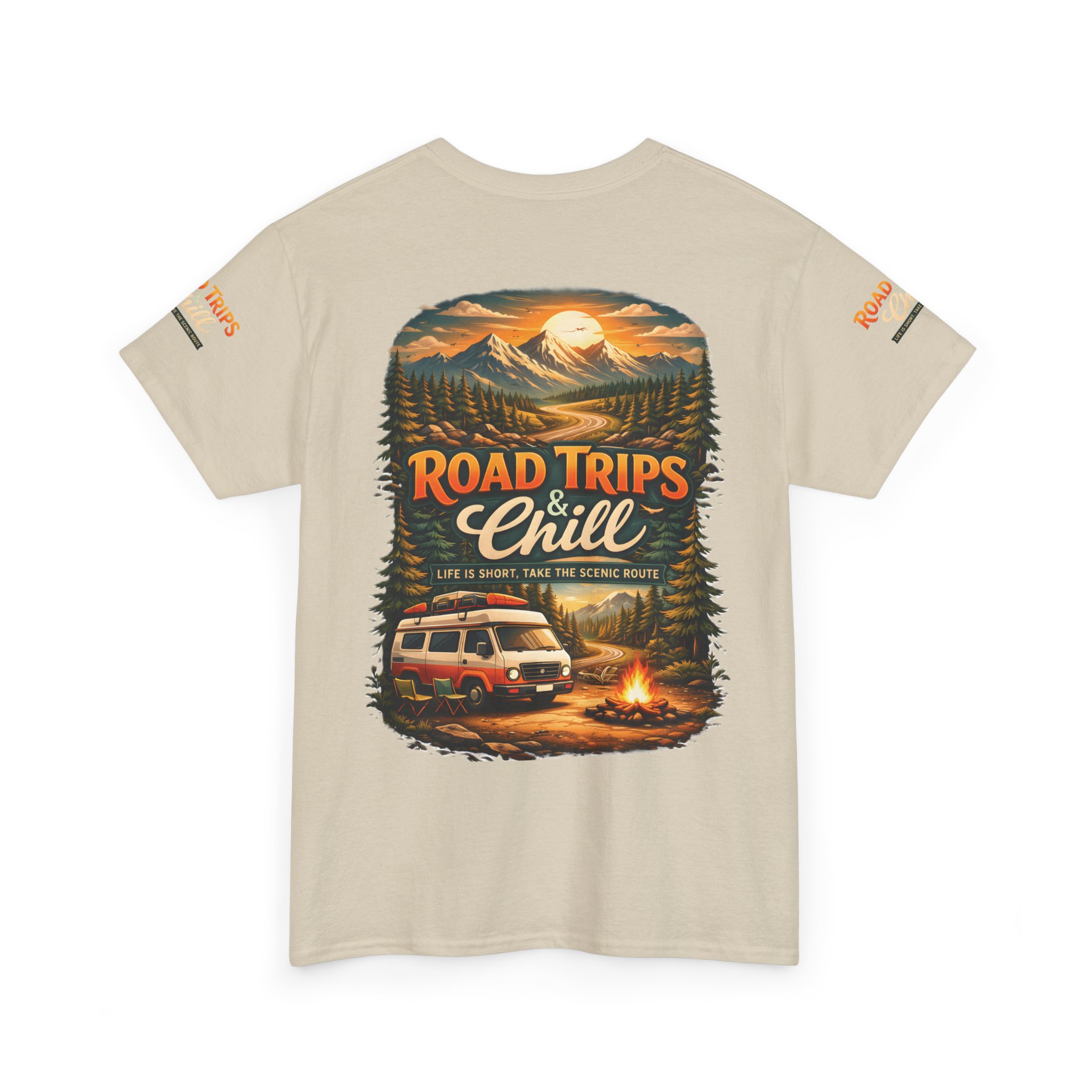 Unisex Heavy Cotton Tee — "Road Trips & Chill" Design Scenic-Line