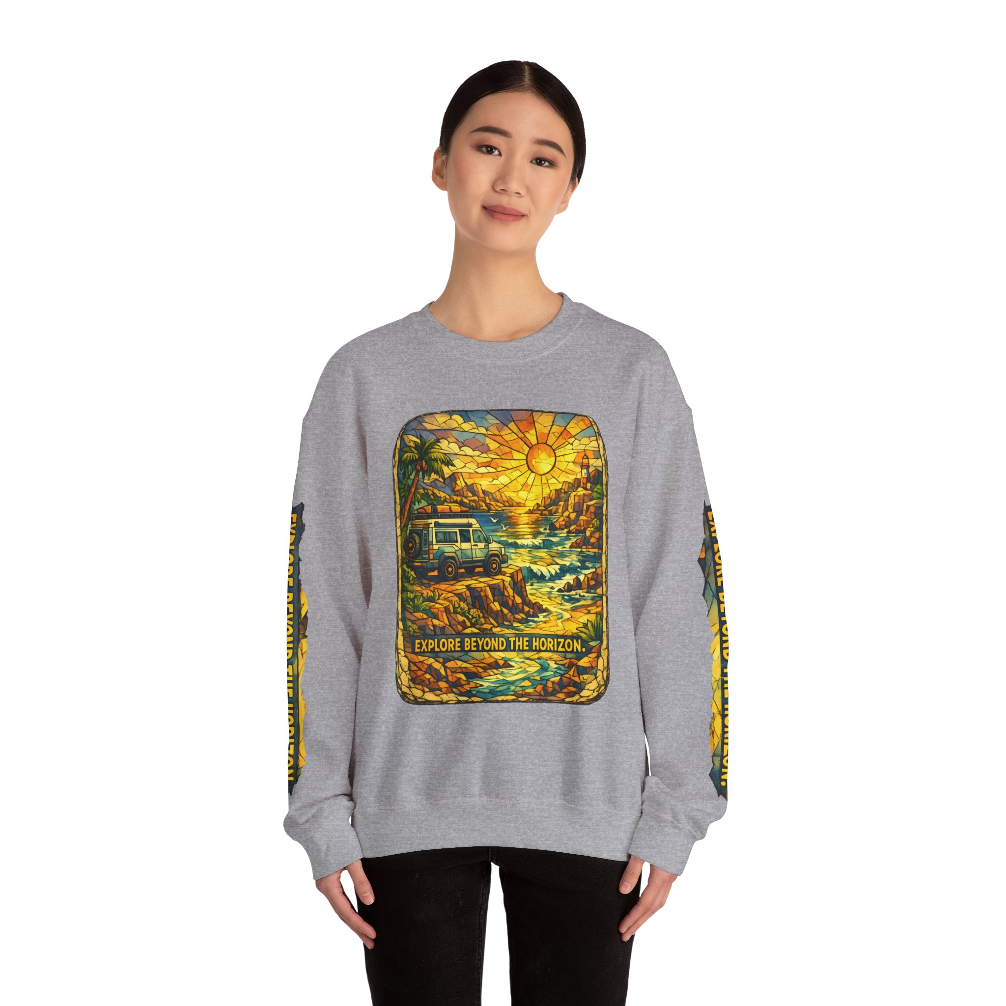 Unisex Heavy Blend™ Crewneck Sweatshirt — "Explore Beyond The Horizon" Design Cubic-Line