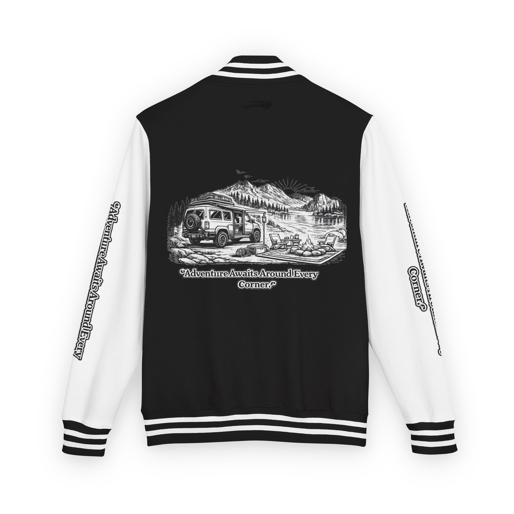 Unisex Heavyweight Letterman Jacket — "Adventure Awaits Around Every Corner" Travel Varsity Coat