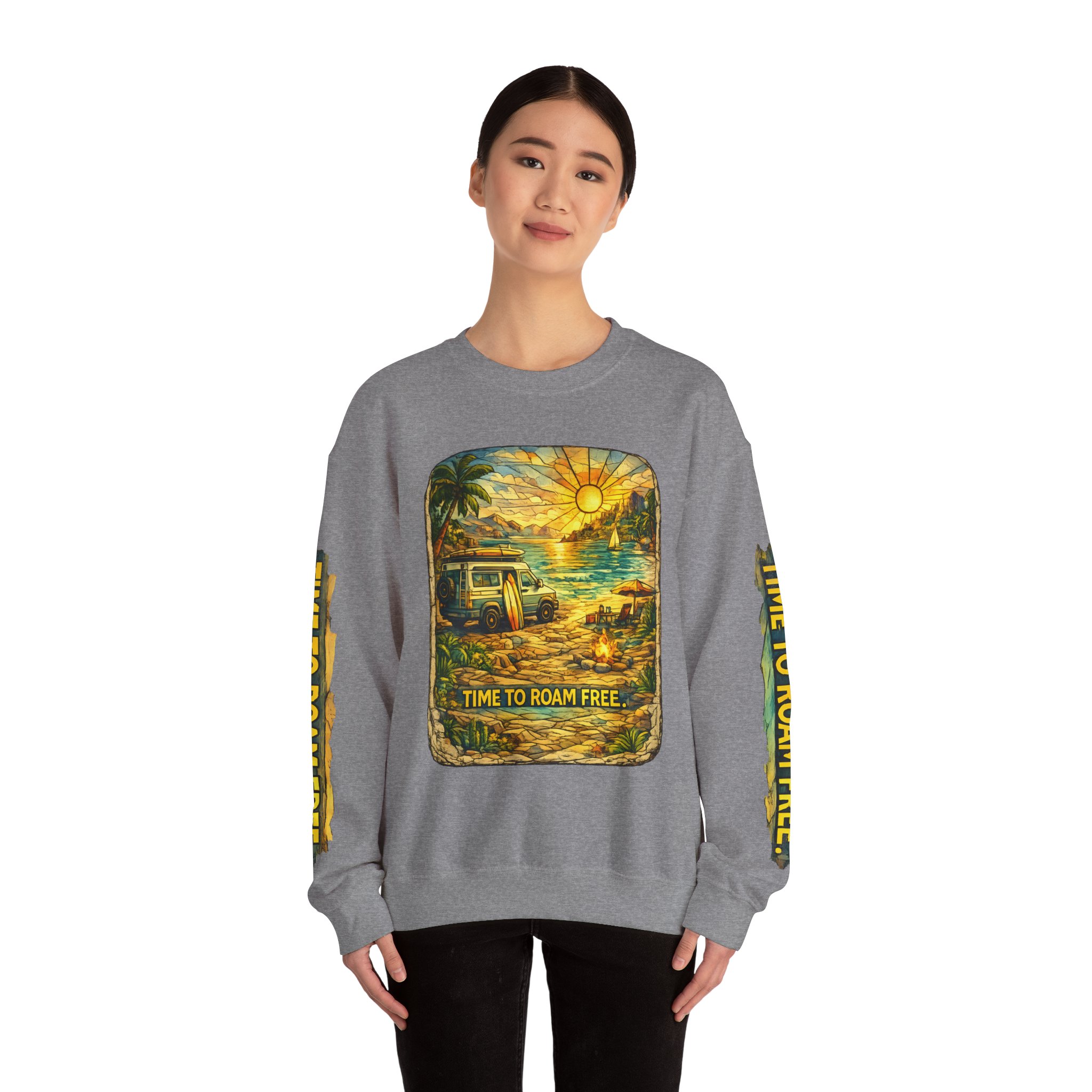 Unisex Heavy Blend™ Crewneck Sweatshirt — "Time To Roam Free" Design Cubic-Line