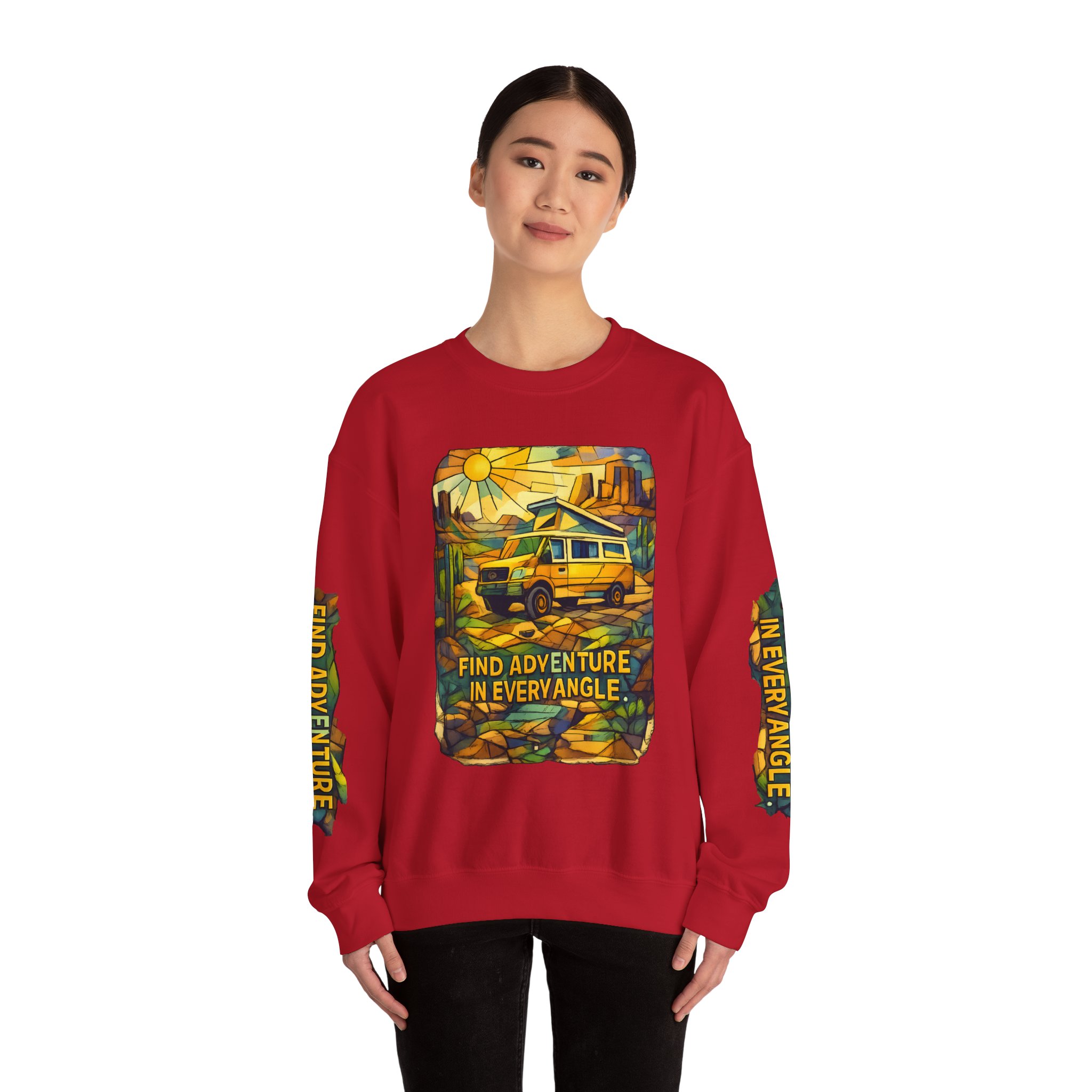 Unisex Heavy Blend™ Crewneck Sweatshirt — "Find Adventure In Every Corner" Design Cubic-Line