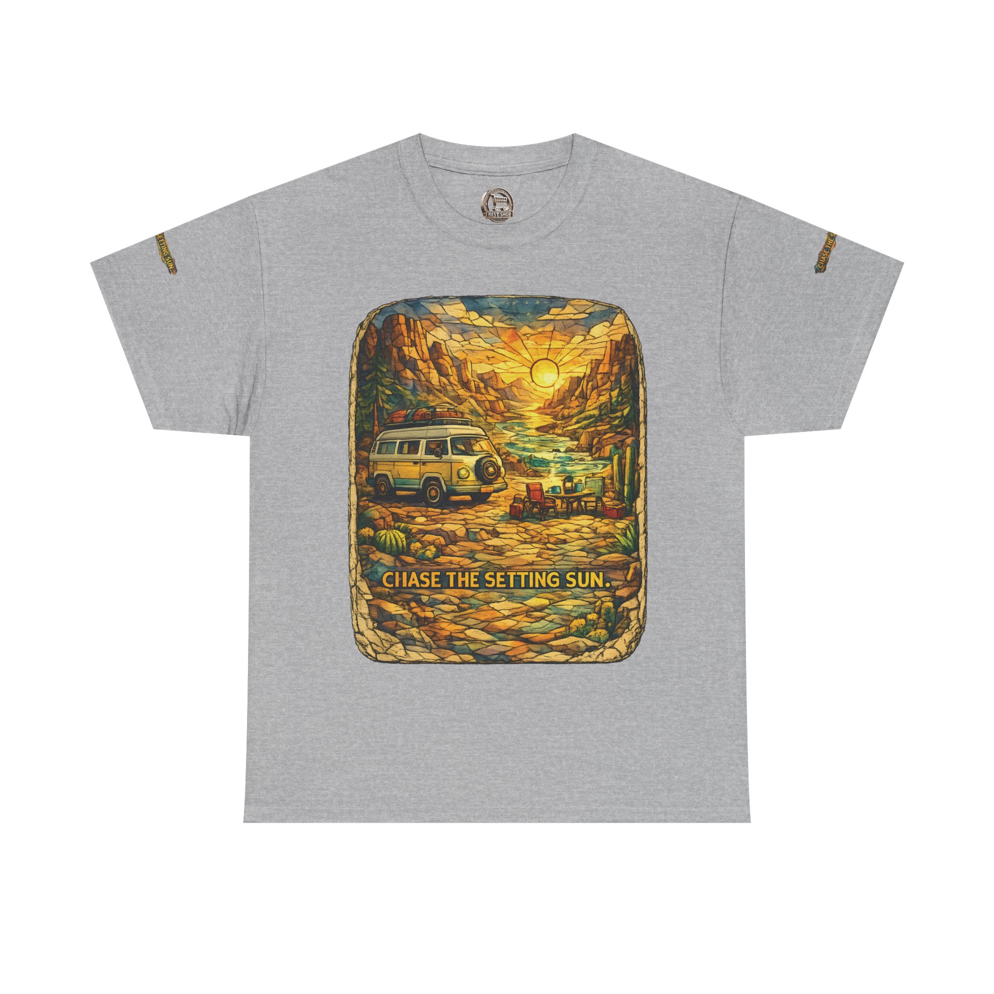 Unisex Heavy Cotton Tee — "Chase The Settings Sun" Design Cubic-Line