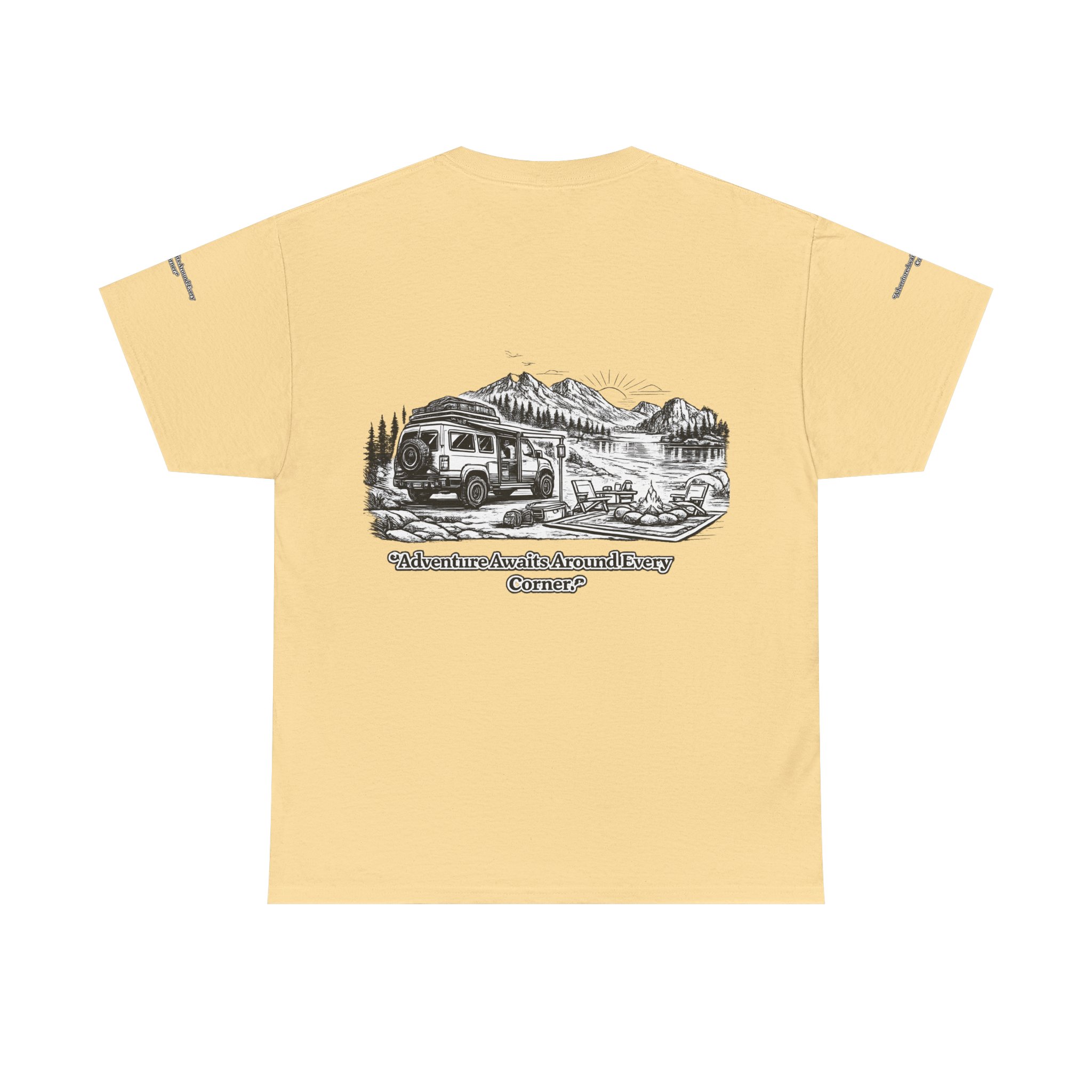 Unisex Heavy Cotton Tee — "Adventure Awaits Around Every Corner" Design Minimal-Line