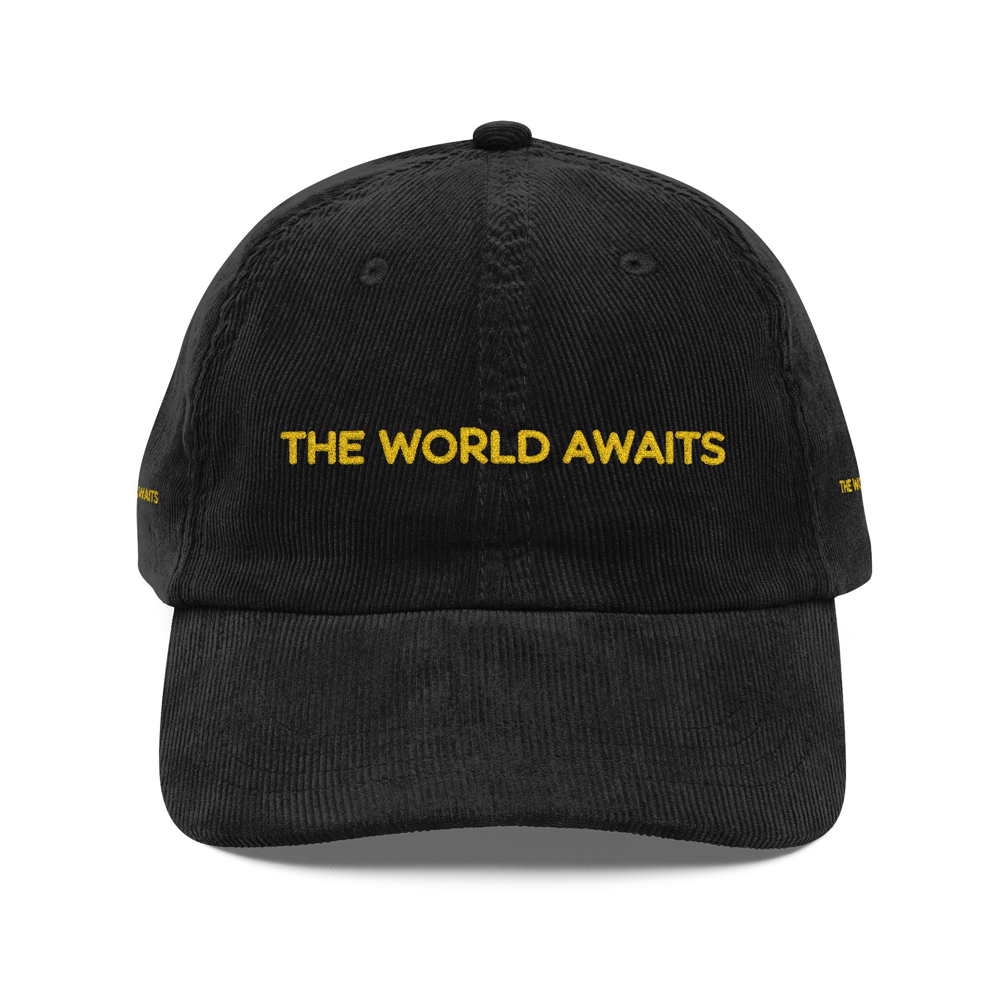 Vintage Corduroy Cap (Embroidery) — "The Worlds Awaits" Embroidered Hat
